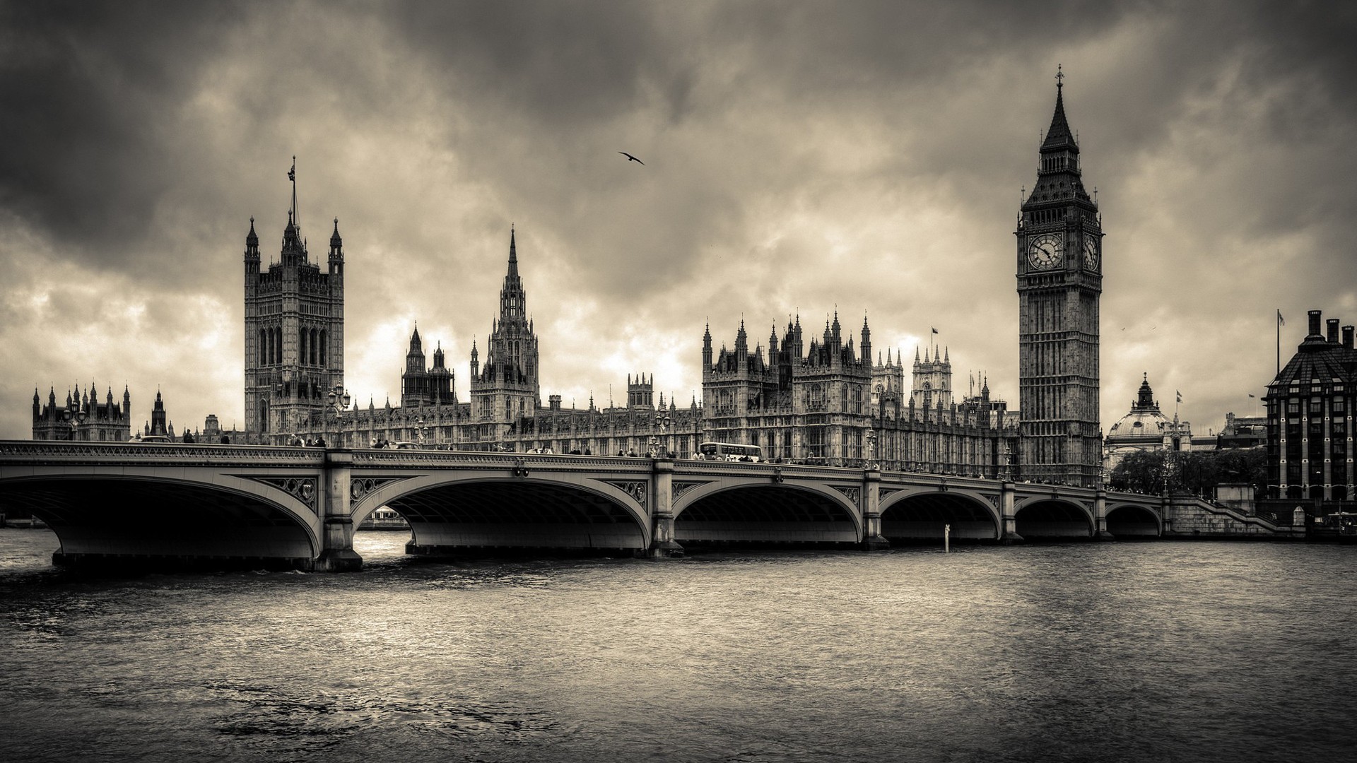 General 1920x1080 London Big Ben River Thames UK river clocks bridge sepia landmark monochrome
