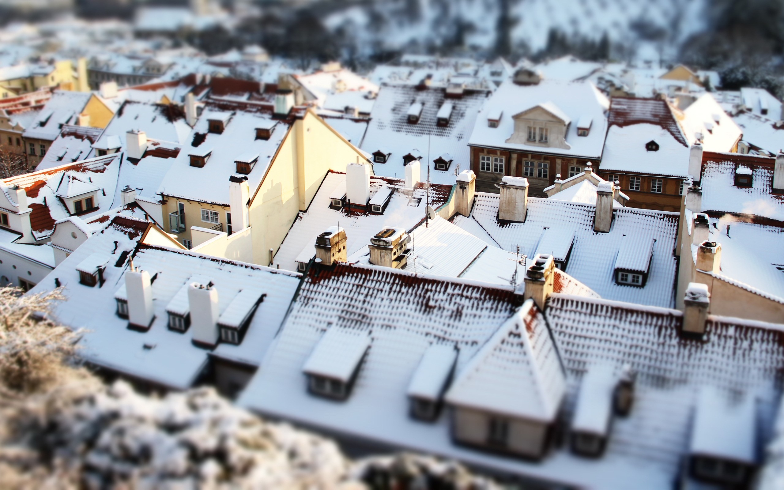 General 2560x1600 house building tilt shift snow rooftops winter village aerial view outdoors