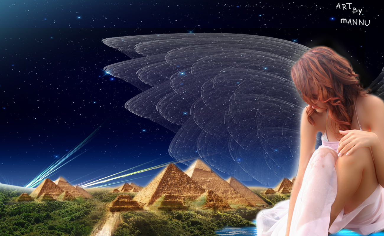 General 1300x800 women digital art wings redhead pyramid sky stars