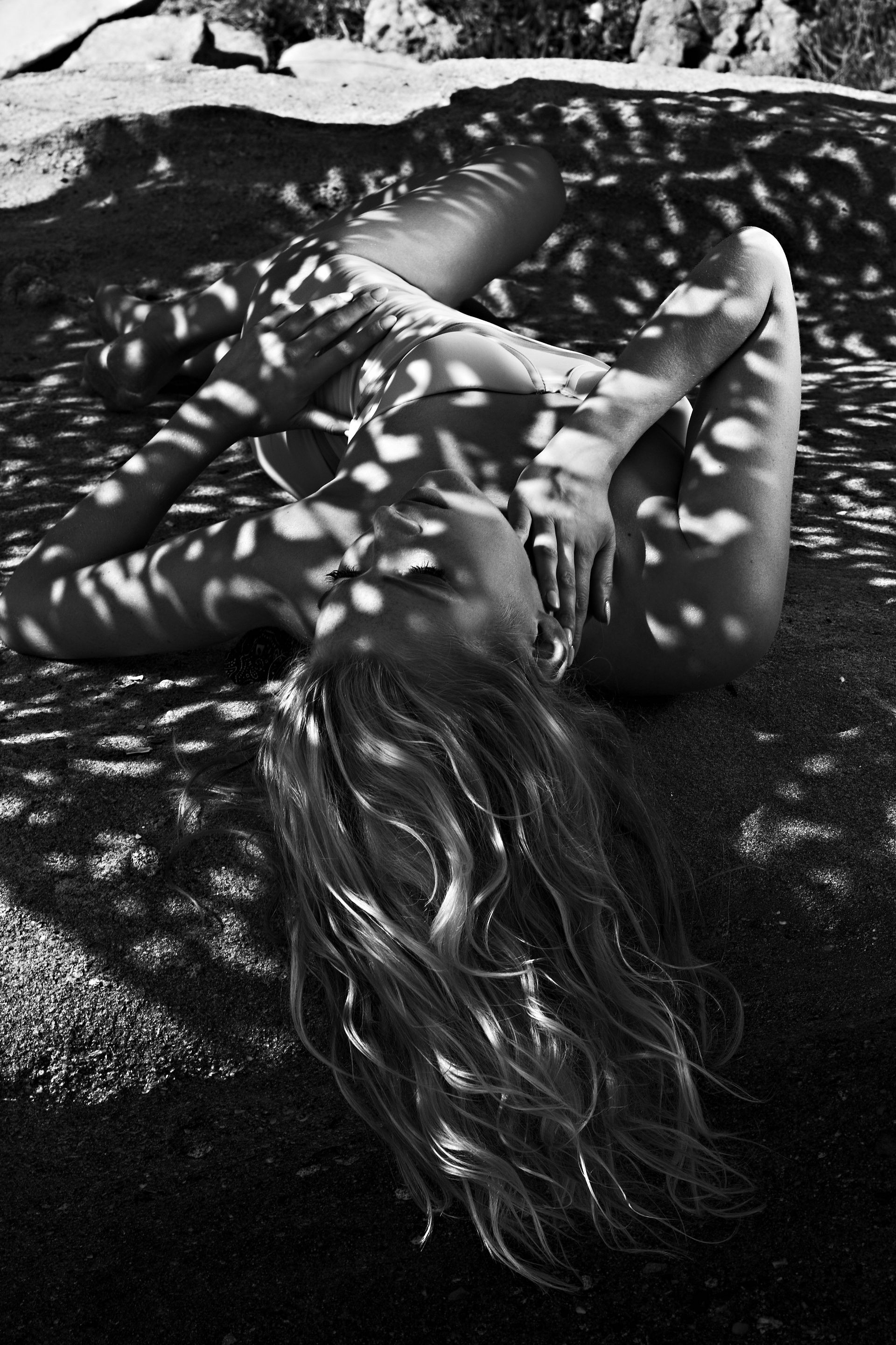 People 1920x2880 Elsa Hosk blonde women long hair bikini monochrome Swedish women lying down model women outdoors