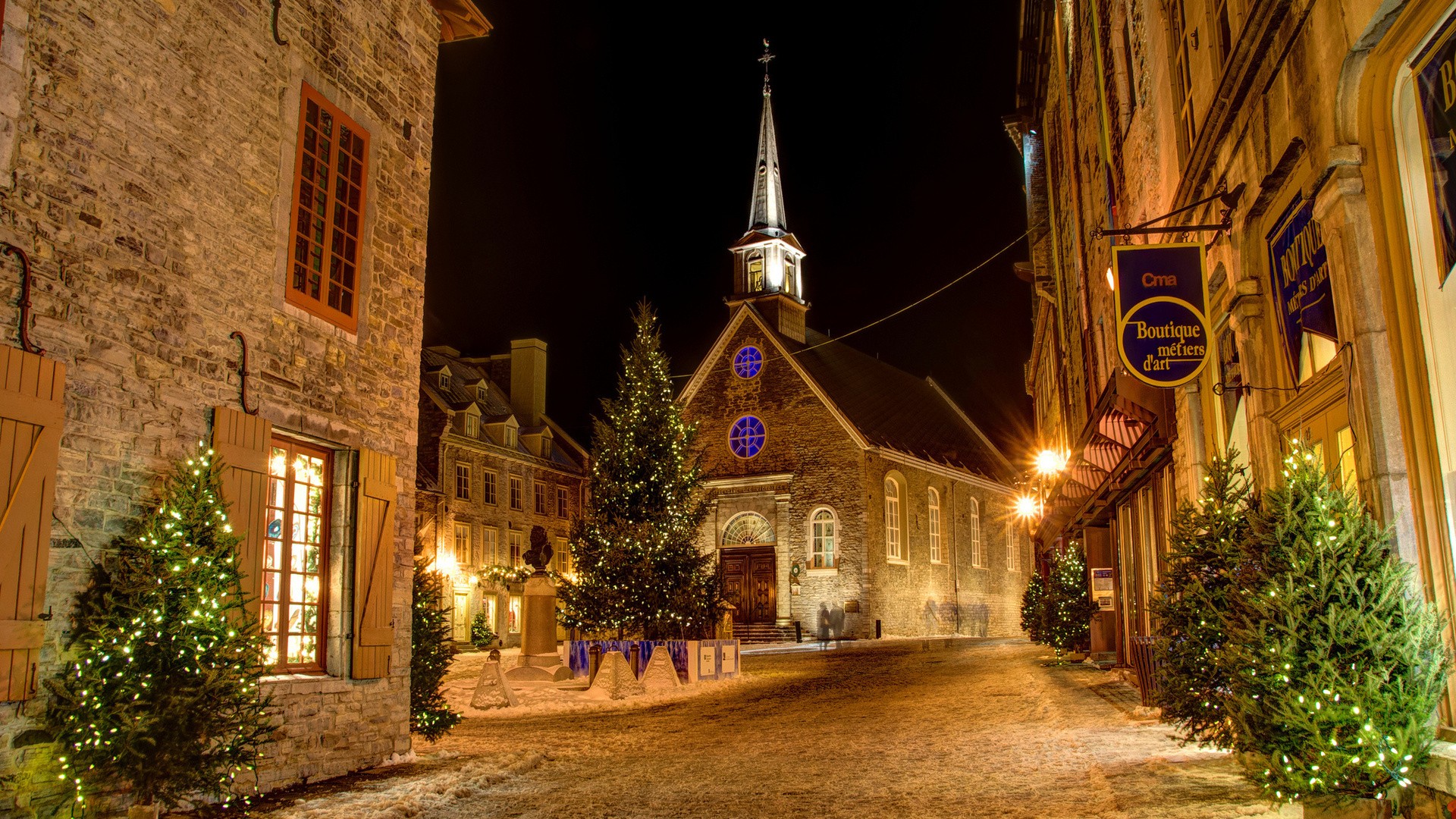 General 1920x1080 architecture city town building old building history tower street window house Quebec Canada Christmas trees lights Christmas tree Christmas lights winter church long exposure night snow