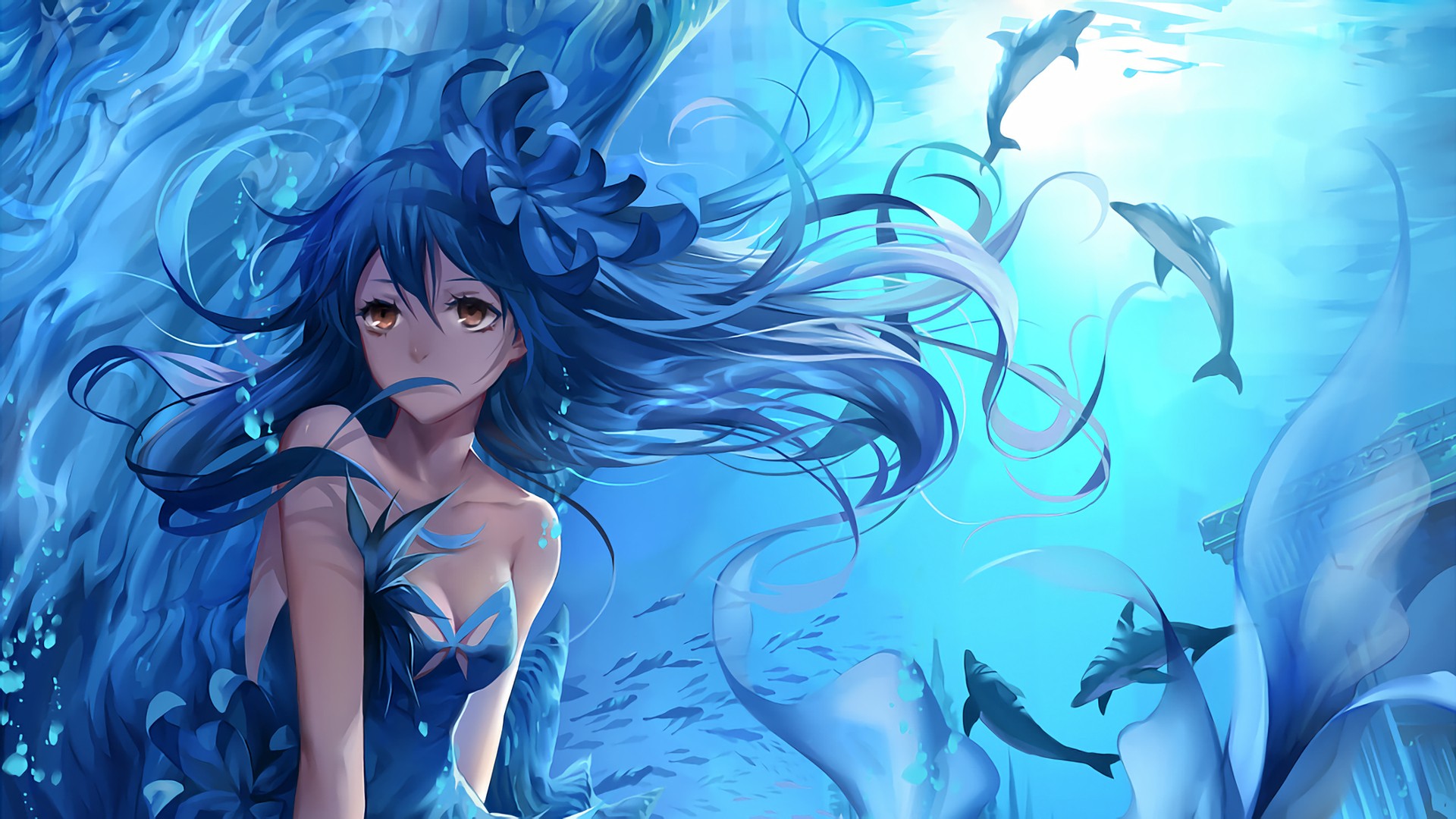 Anime 1920x1080 anime girls anime blue hair long hair underwater cyan dolphin animals