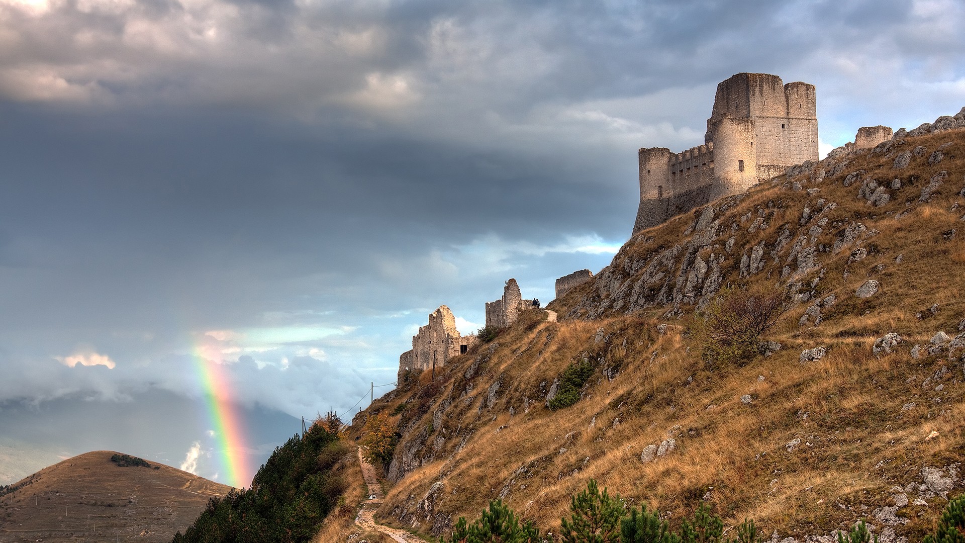 General 1920x1080 rainbows Rocca Calascio castle Italy rocks rock formation ruins outdoors sky