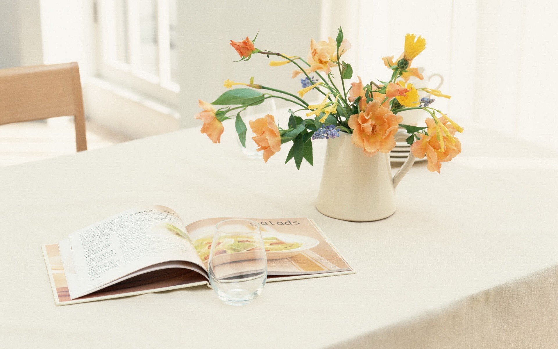 General 1920x1200 orange flowers table plants indoors drinking glass books