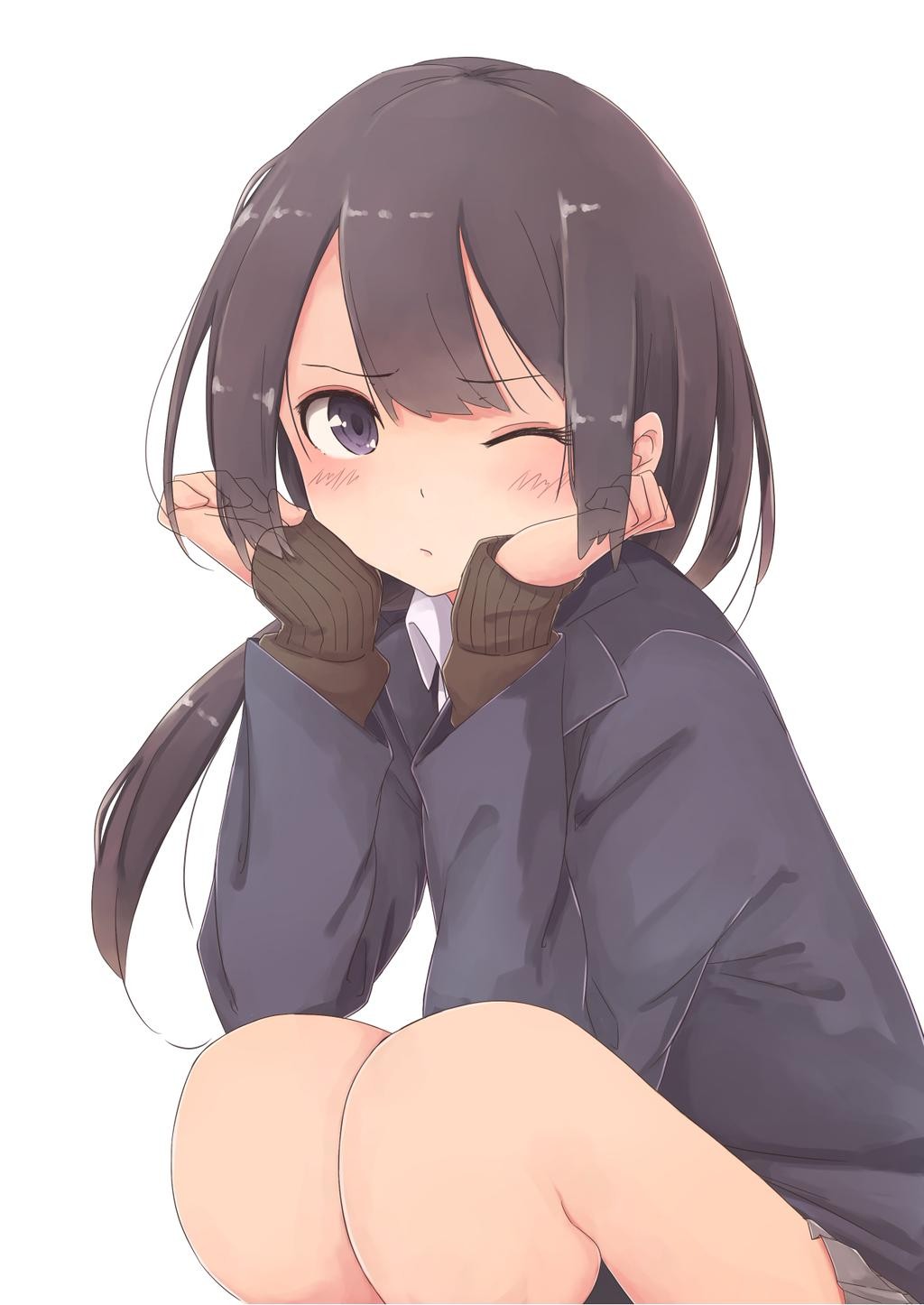 Anime 1024x1446 anime girls squatting original characters looking at viewer simple background rucchiifu pouting purple eyes dark hair one eye closed anime knees white background