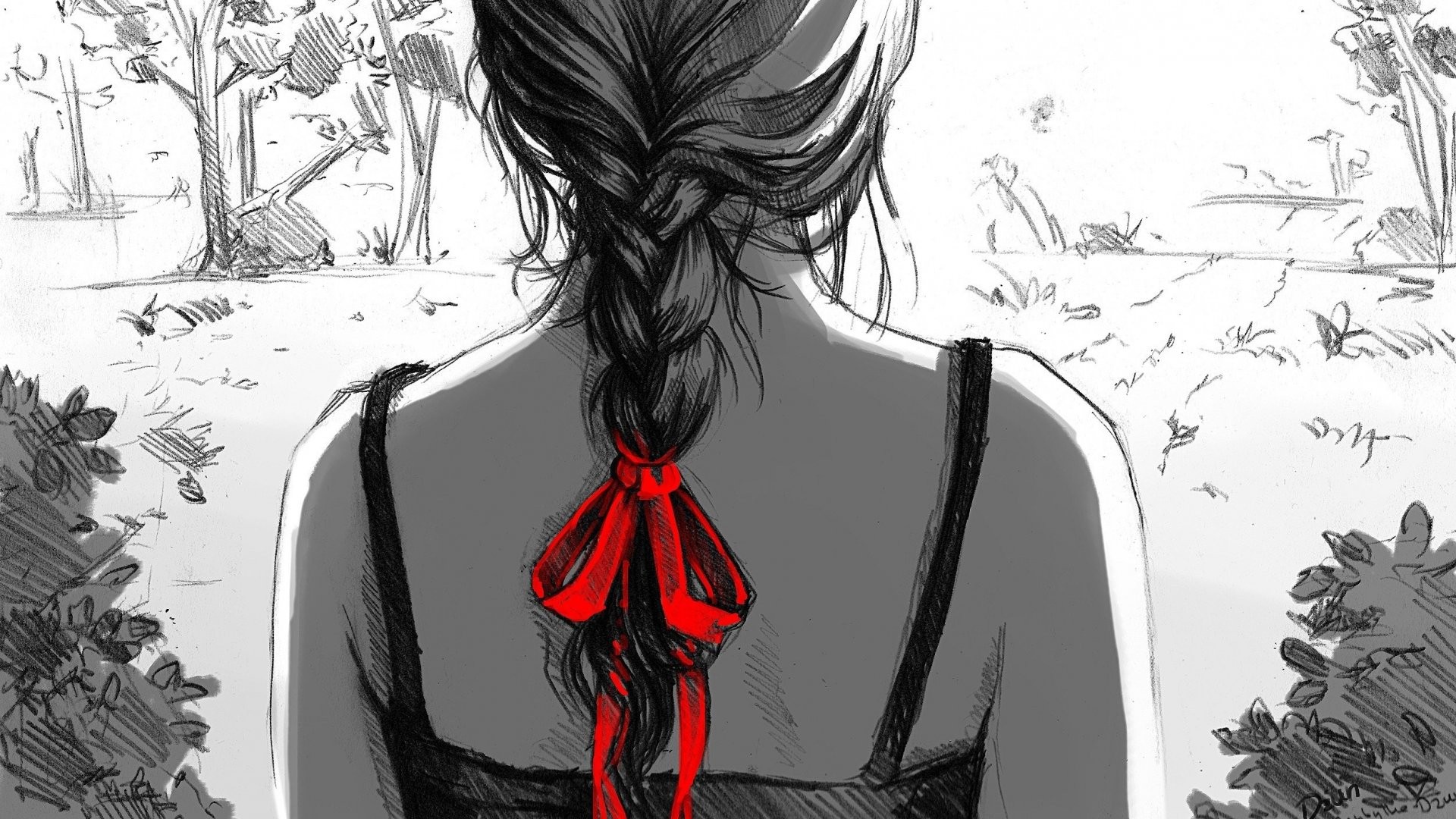 Anime 1920x1080 selective coloring artwork red ribbon women back women outdoors sketches rear view braids looking away trees leaves