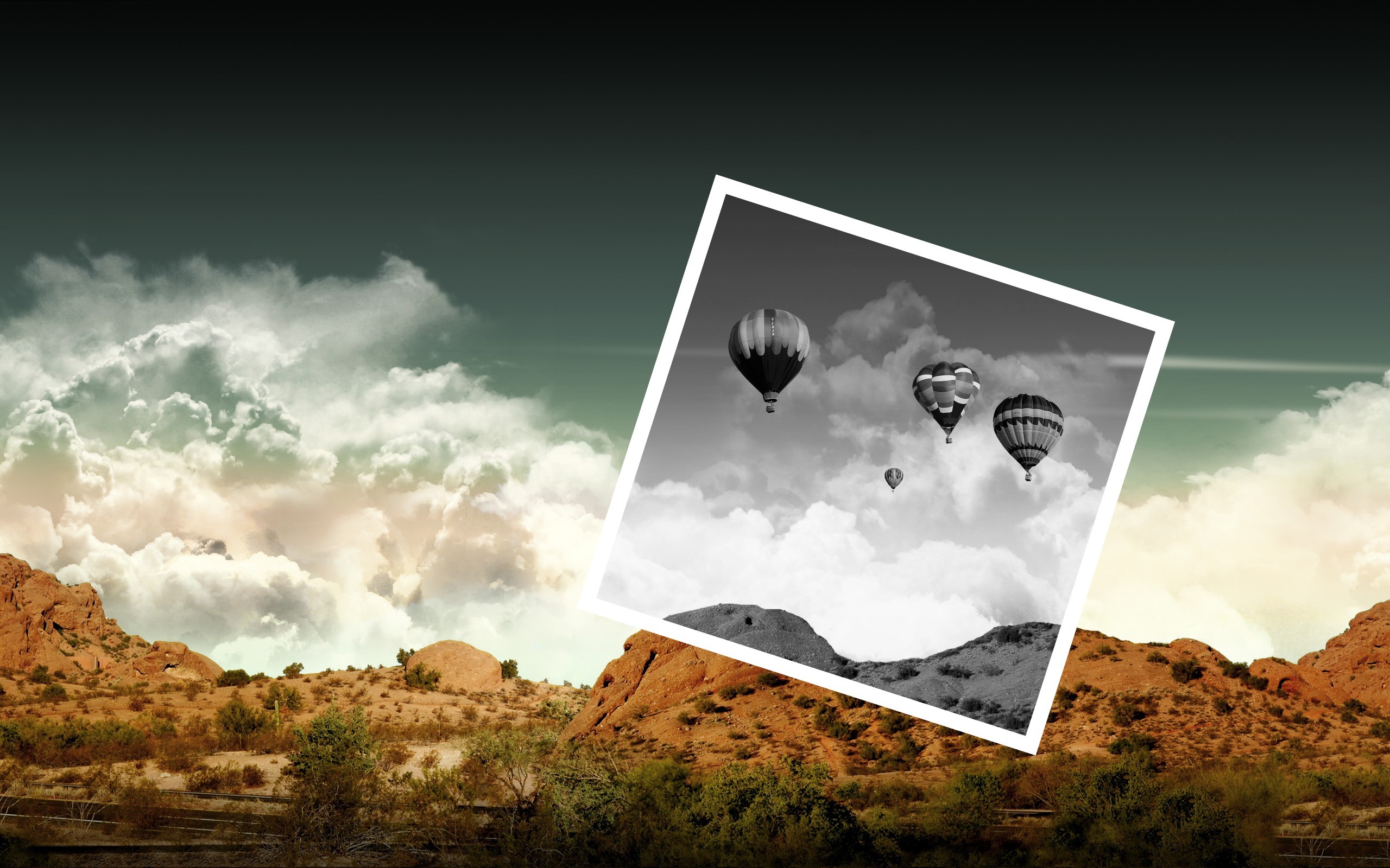 General 2560x1600 hot air balloons rocks nature clouds digital art vehicle sky