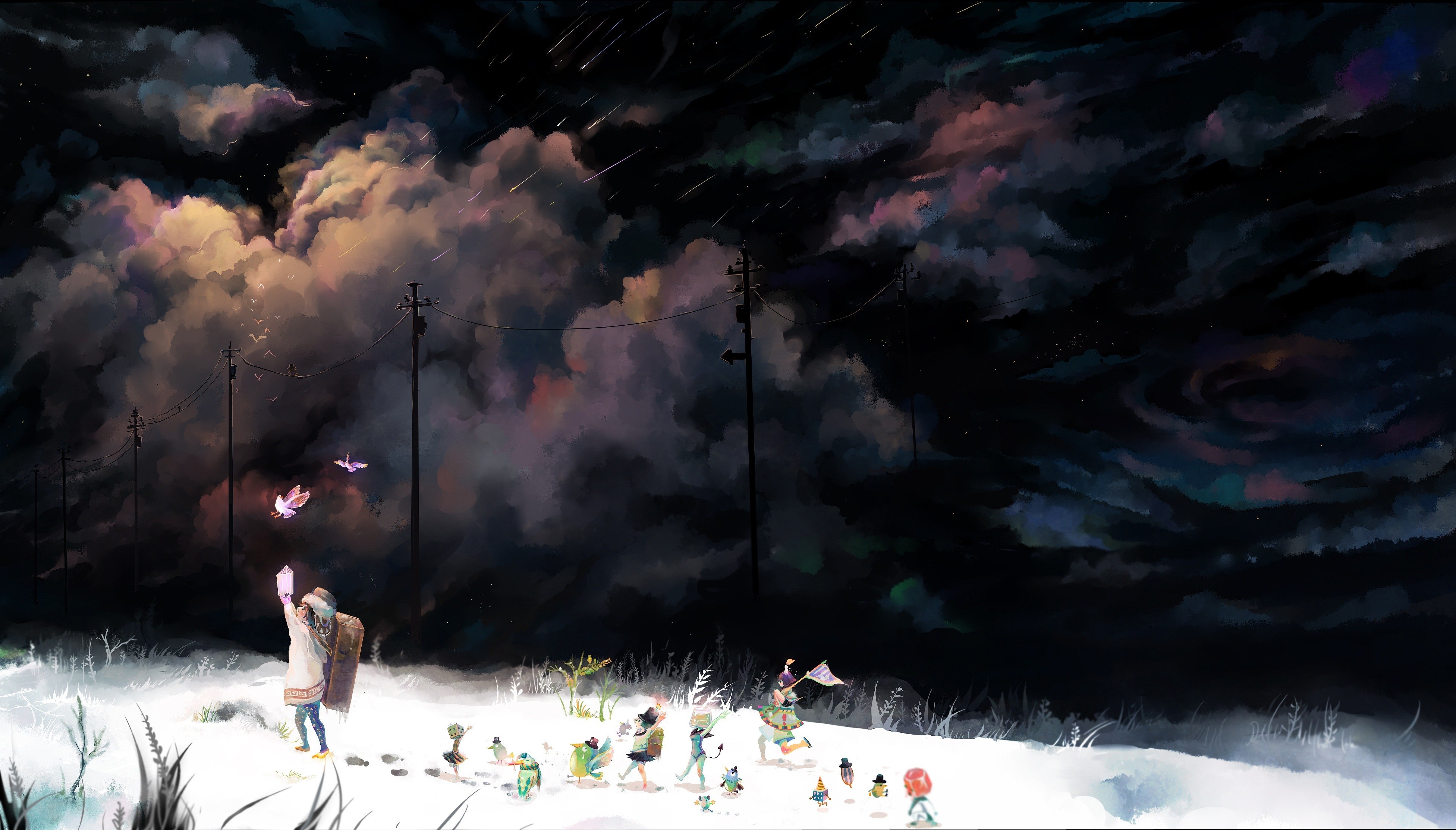 Anime 3905x2227 anime artwork snow children outdoors dark sky power lines