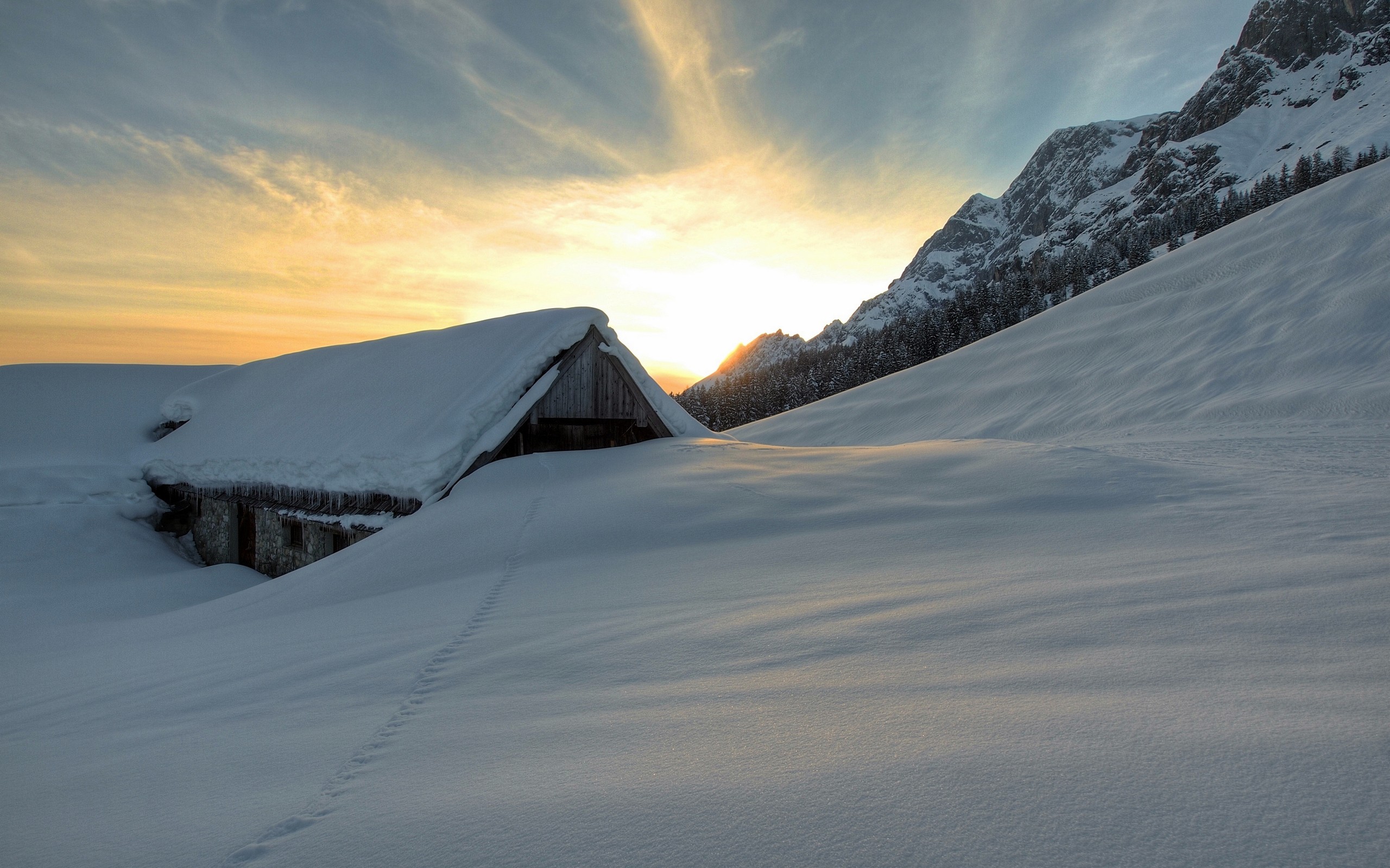 General 2560x1600 nature sunset mountains snow cabin barns cold winter ice sunlight