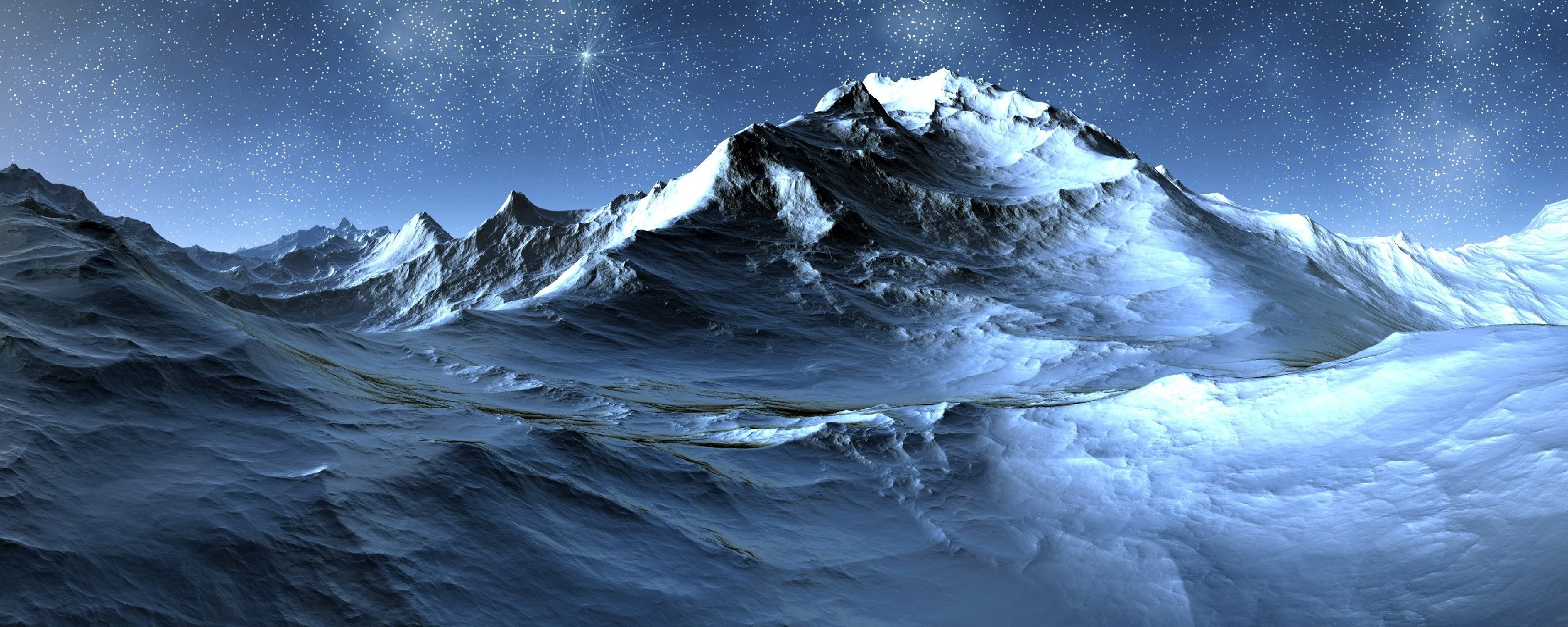 General 2560x1024 artwork stars mountains snowy peak snow ice cold nature outdoors landscape multiple display dual monitors