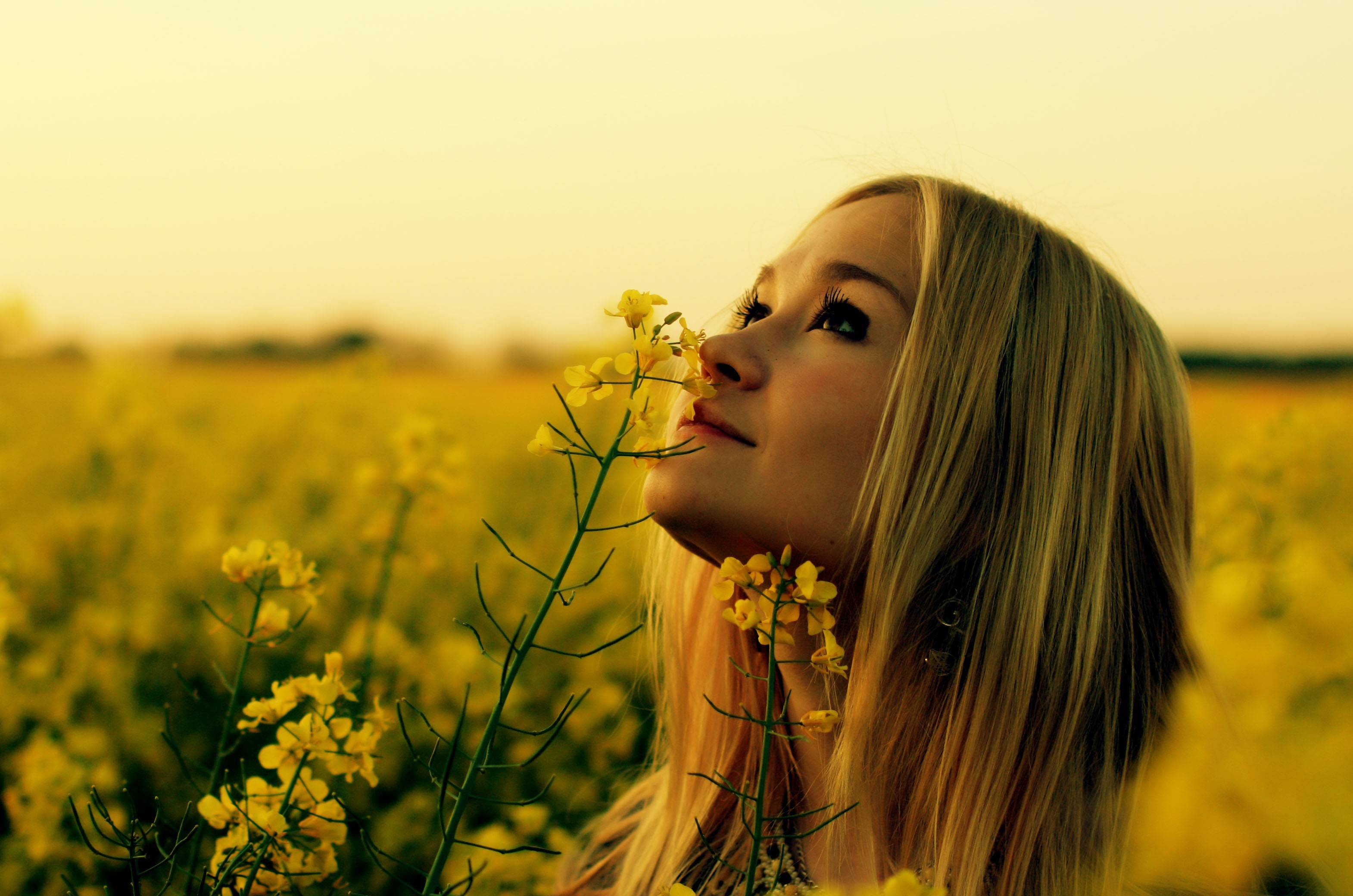 People 3140x2080 Rapeseed women outdoors blonde yellow flowers looking up flowers women face plants straight hair