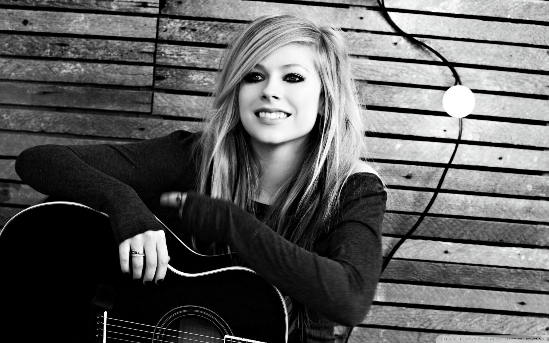 People 1920x1200 monochrome singer celebrity smiling women Avril Lavigne guitar musical instrument makeup