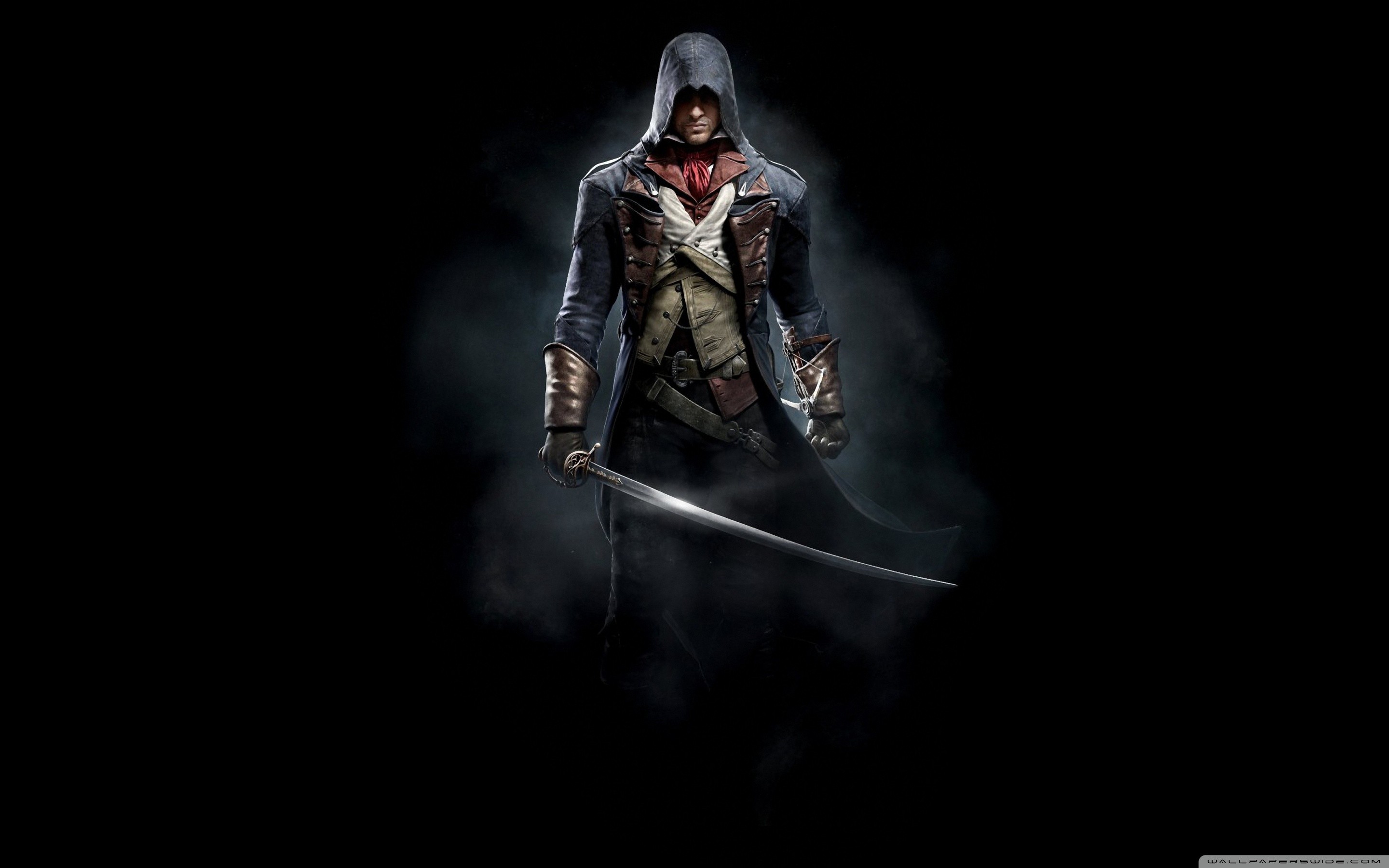 General 2880x1800 Assassin's Creed sword Assassin's Creed:  Unity video games PC gaming weapon hoods video game art video game men simple background black background Ubisoft