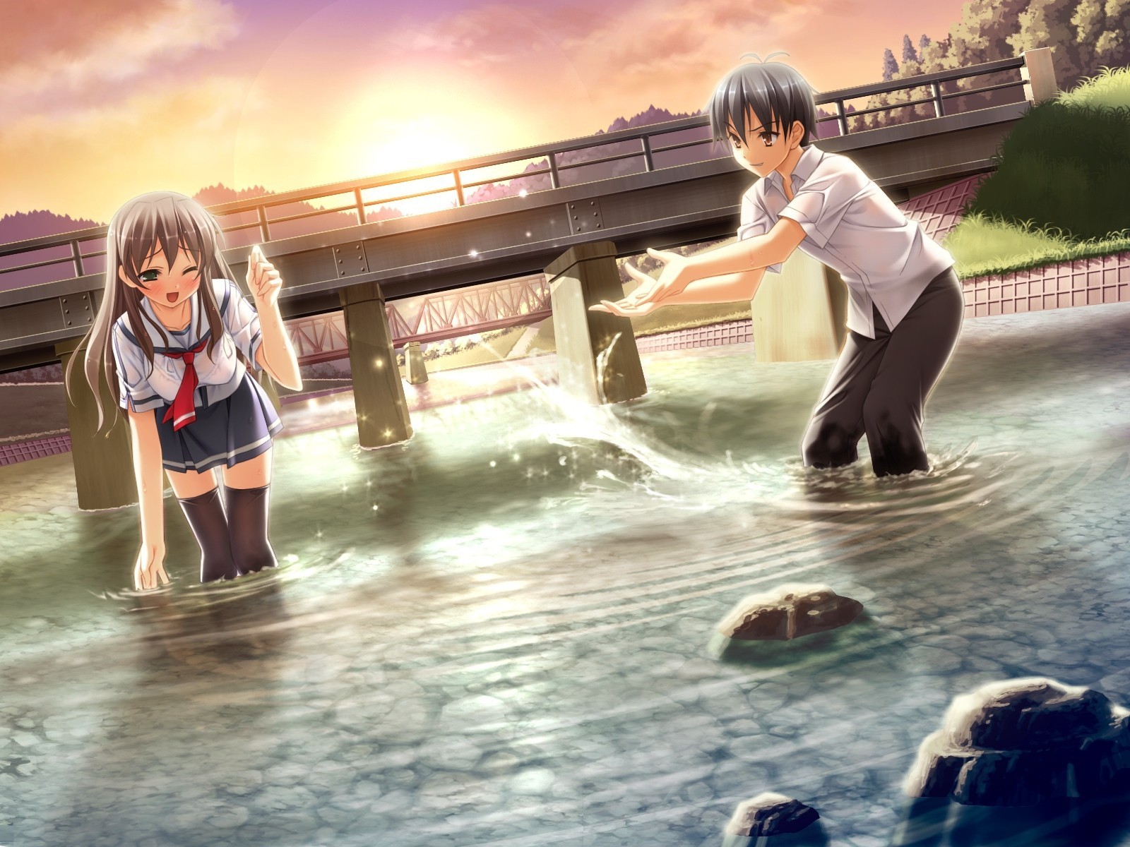Anime 1600x1200 anime anime girls school uniform Natsu no Ame anime boys Kantoku in water outdoors bridge