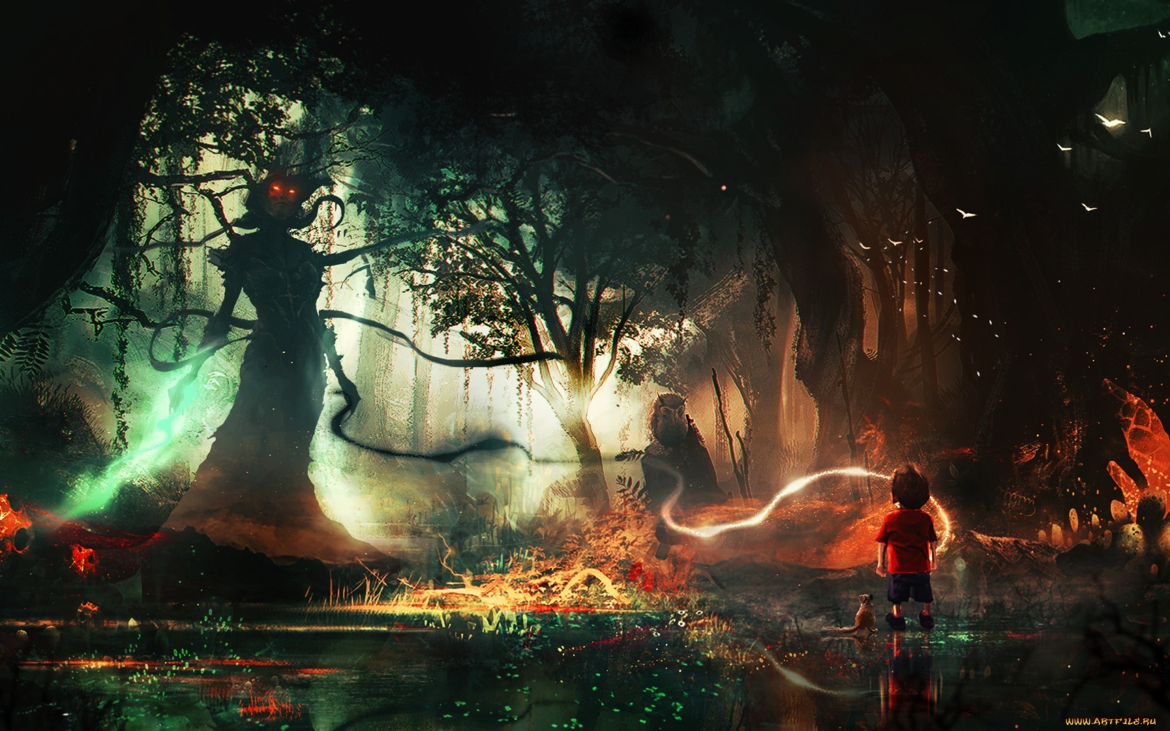 General 1680x1050 fantasy art watermarked red eyes forest nature children creature trees