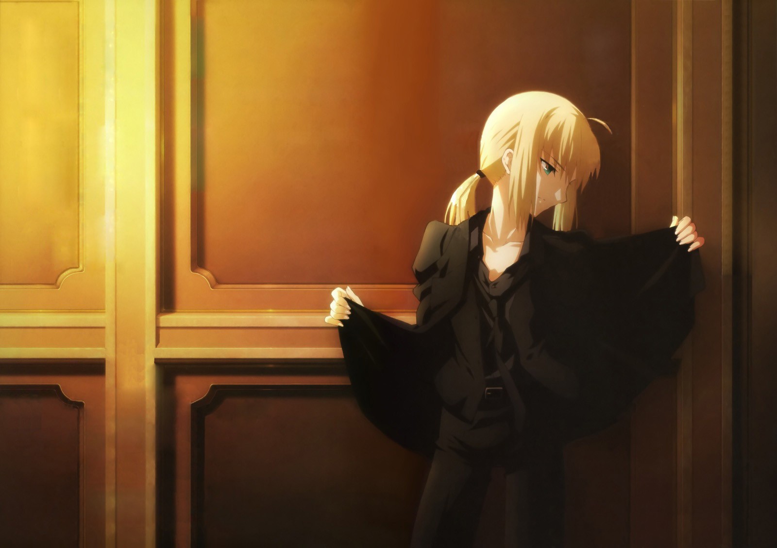 Anime 1600x1128 Type-Moon Fate series Saber Fate/Zero anime anime girls blonde looking away women indoors standing black clothing long hair