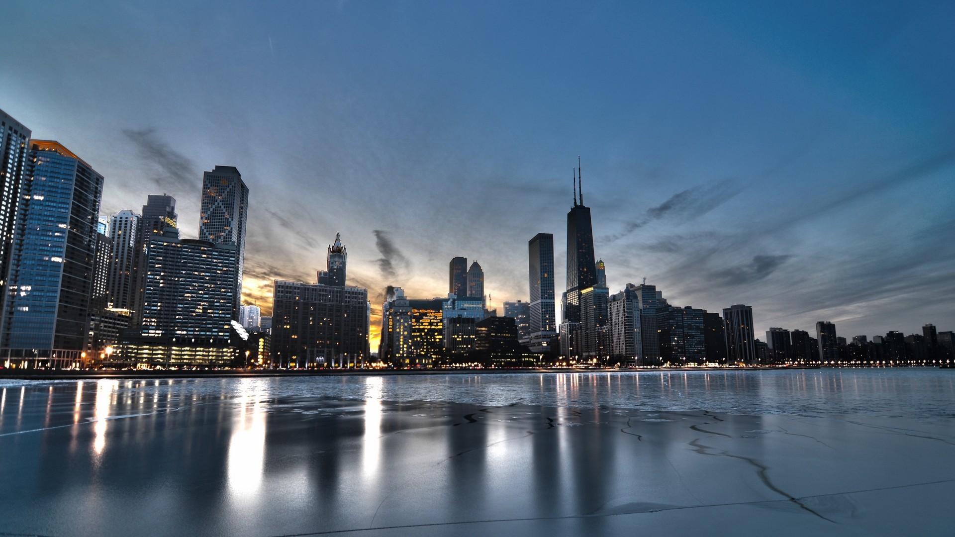 General 1920x1080 cityscape building HDR sea reflection Chicago USA low light