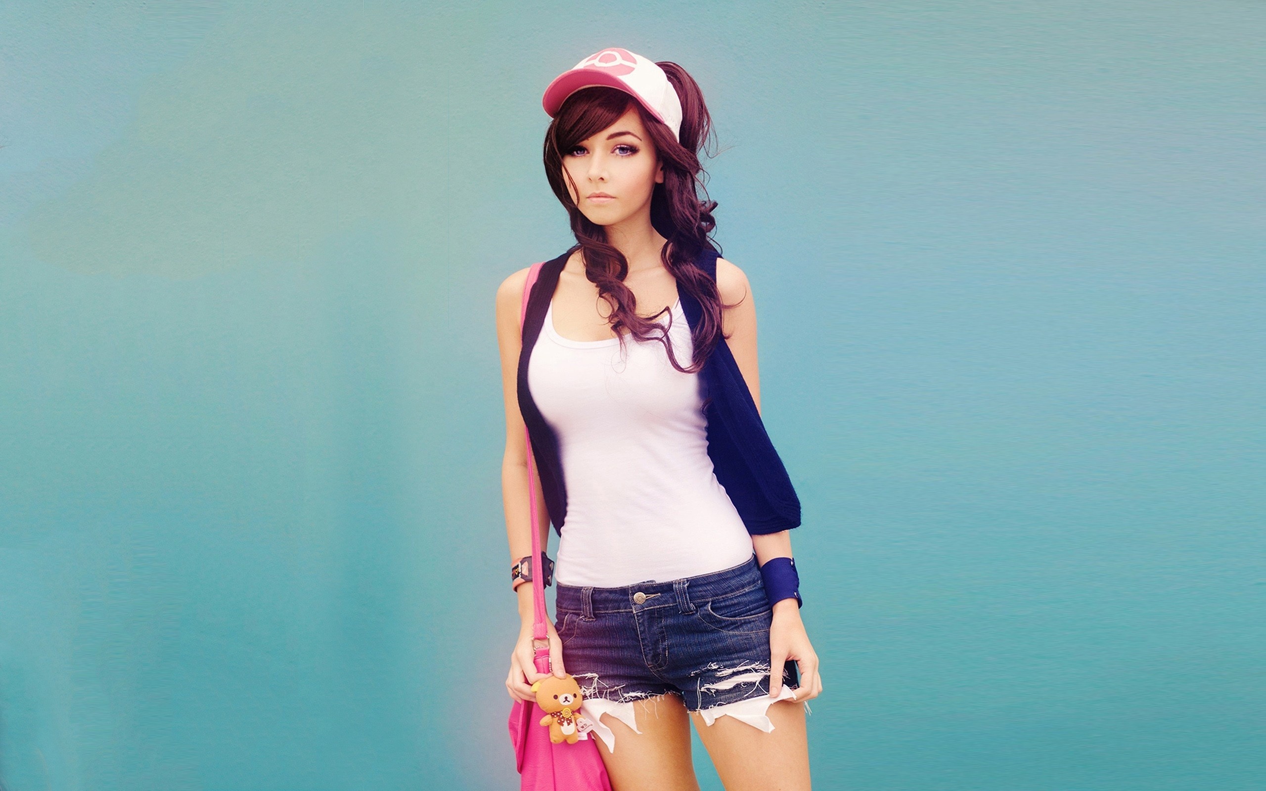 People 2560x1600 women brunette jean shorts Pokémon cosplay simple background model Amy Thunderbolt blue background looking at viewer
