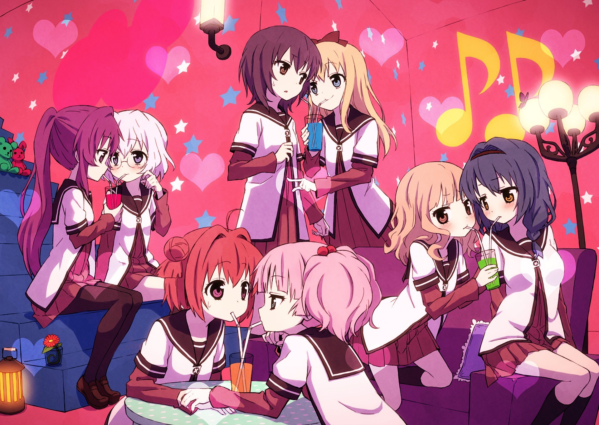 Anime 1920x1364 anime girls anime Yuru Yuri group of women drinking women indoors drinking glass colorful