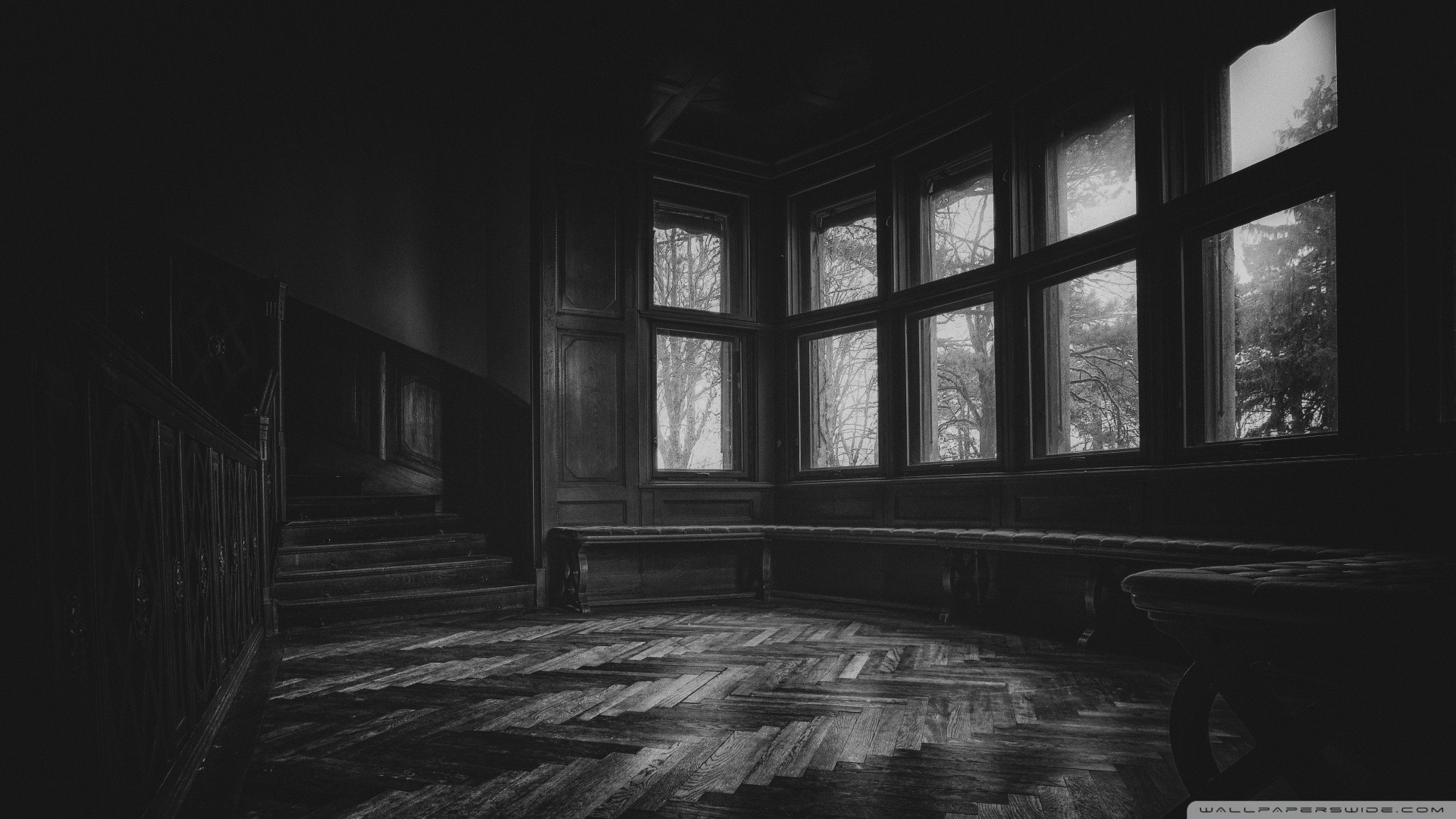 General 1920x1080 monochrome stairs room interior gray indoors wooden floor dark