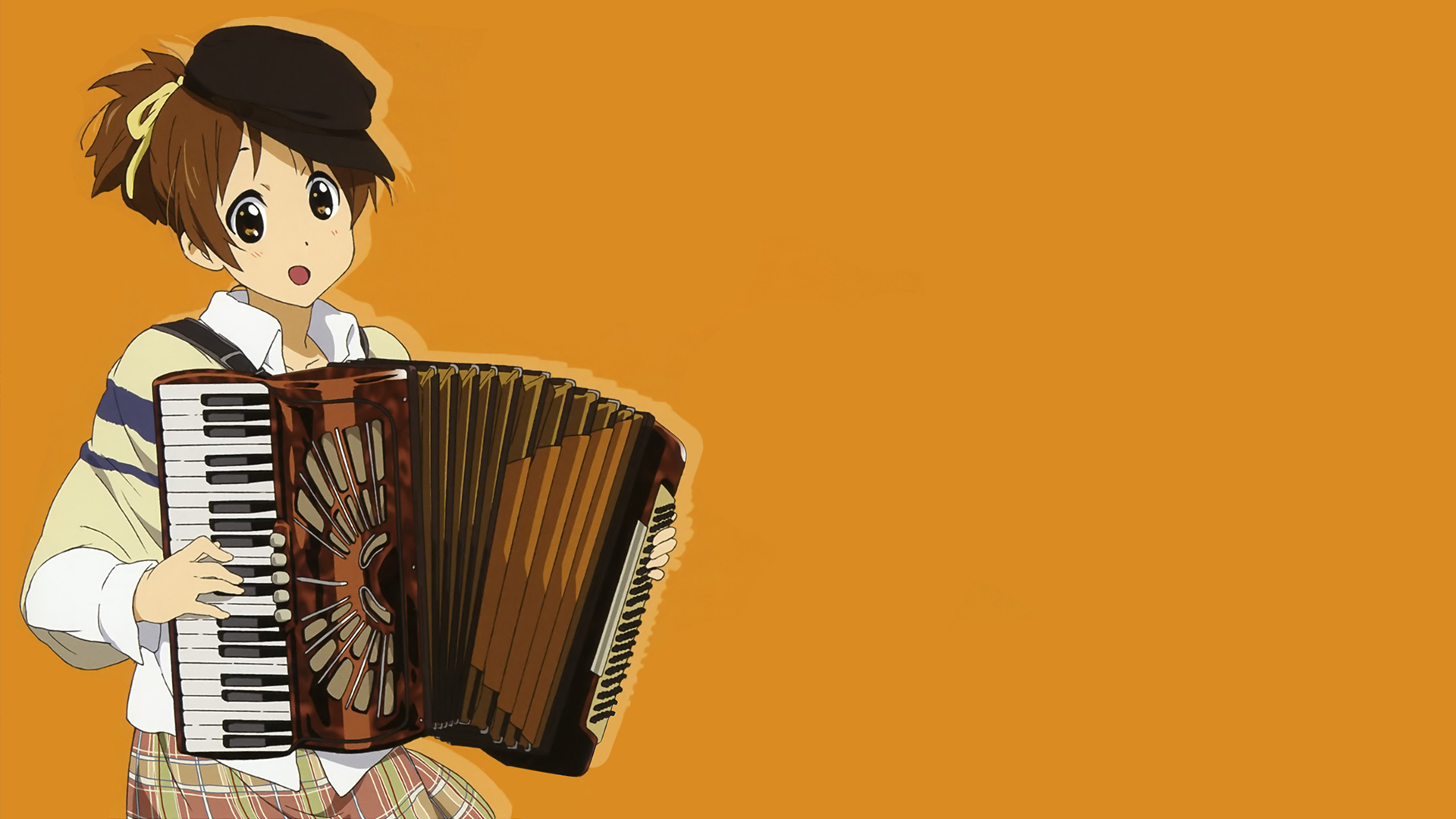 Anime 1920x1080 anime girls K-ON! Hirasawa Ui accordions musical instrument hat women with hats orange background