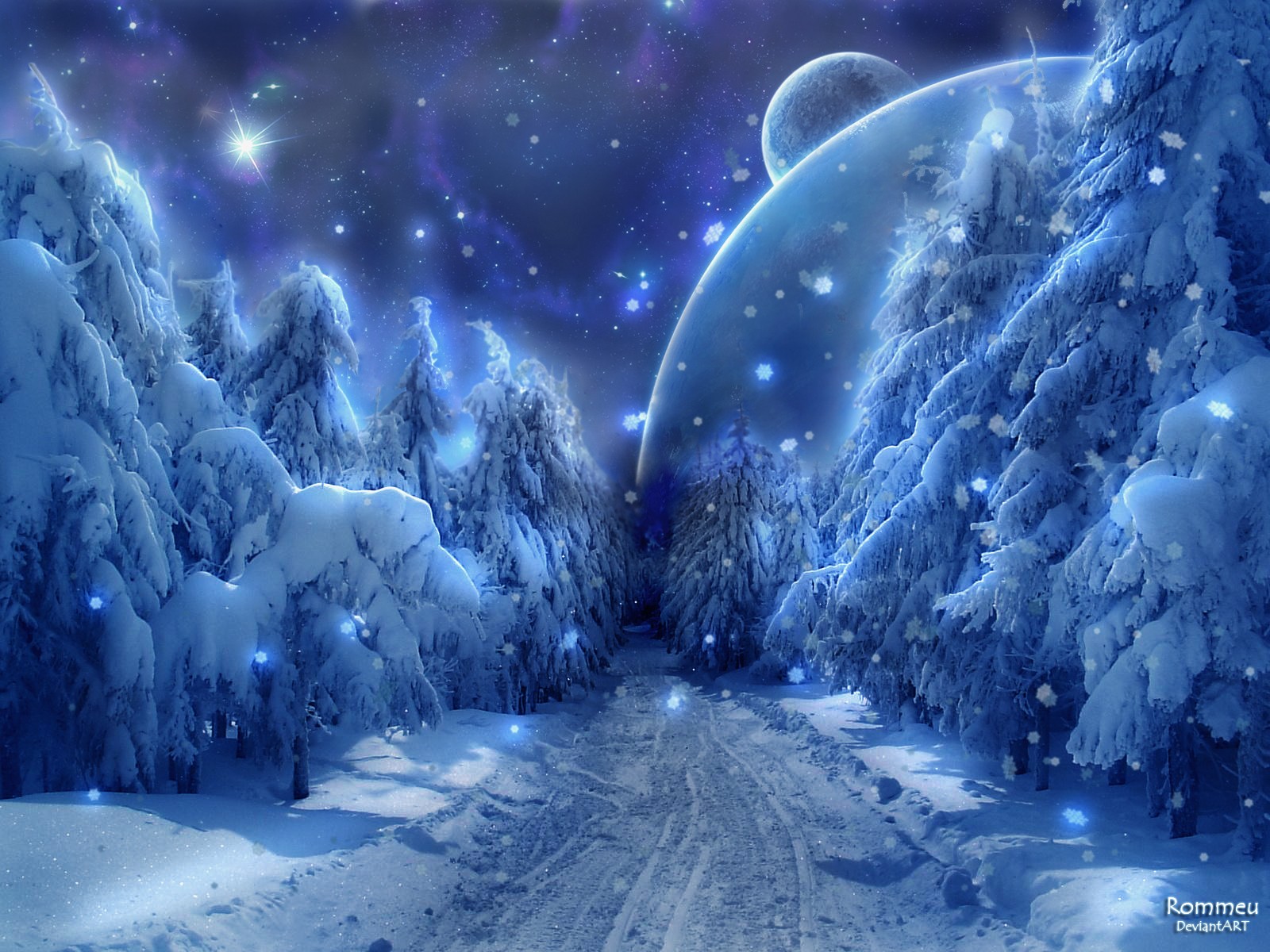 General 1600x1200 snow forest ice planet space path dirt road digital art