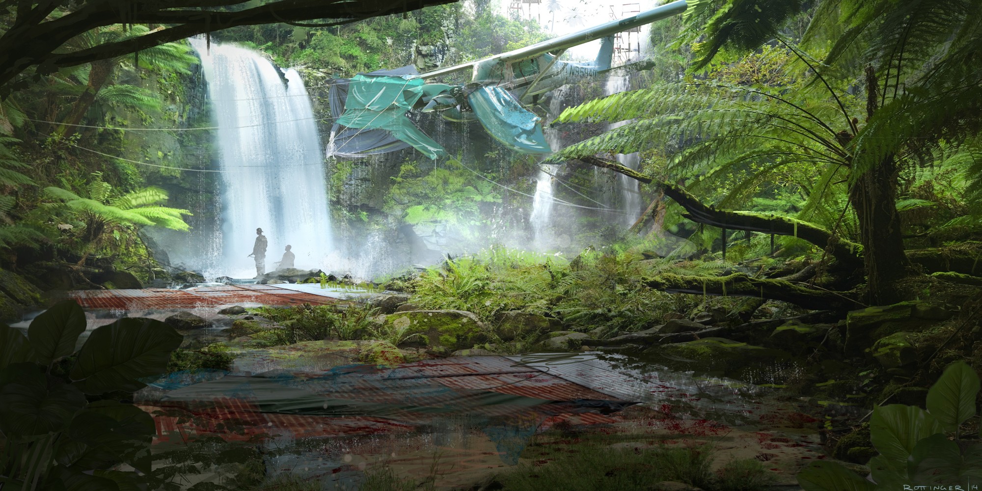 General 2000x1000 artwork concept art nature survival jungle aircraft wreck waterfall plants DeviantArt