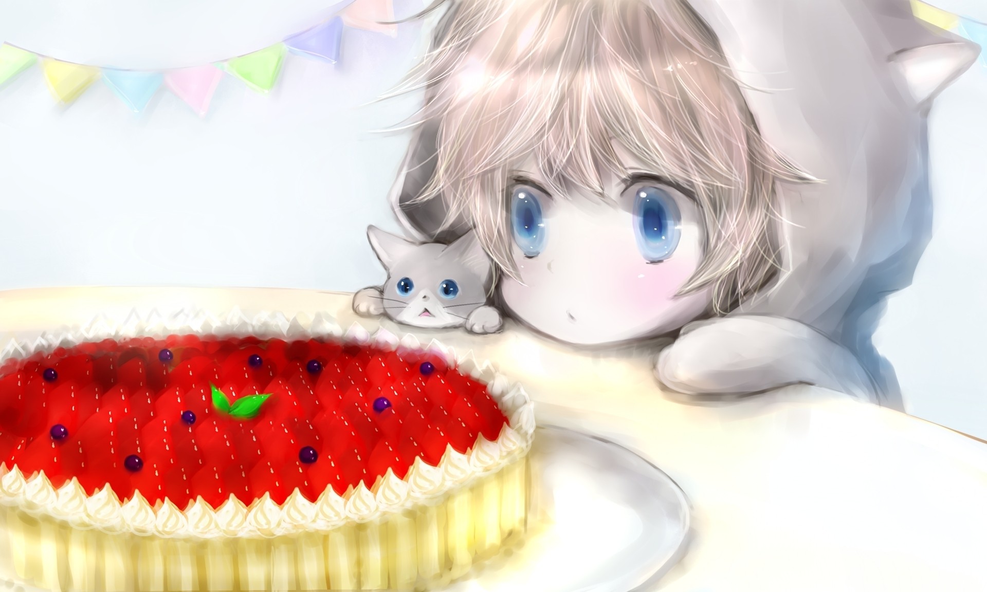 Anime 1920x1152 pies blue eyes kittens anime food sweets cats animals mammals anime girls