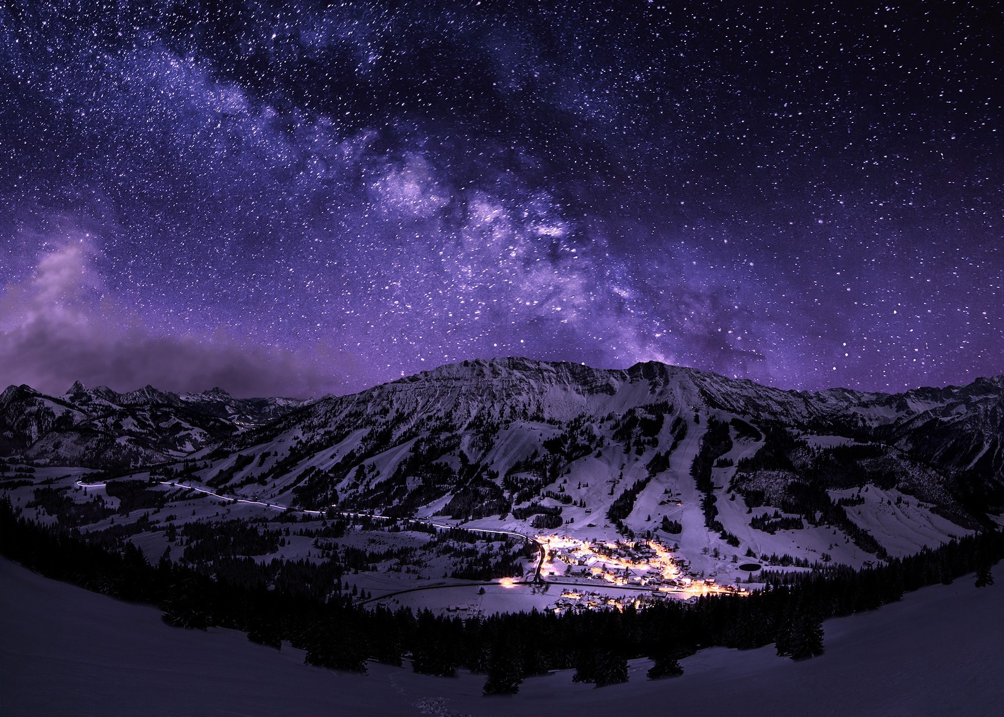 General 2000x1429 night landscape starry night mountains snow long exposure town galaxy nature low light