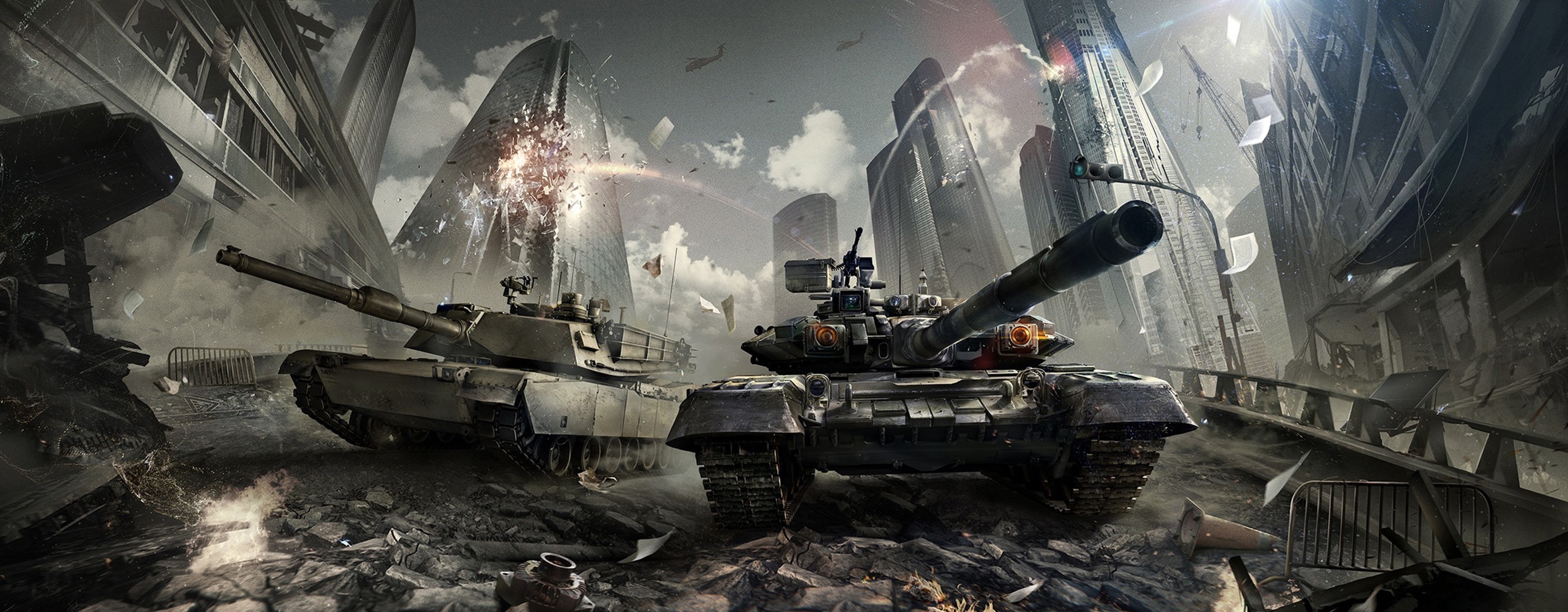 General 2710x1057 war artwork tank military vehicle vehicle city ruins digital art T-90 M1 Abrams