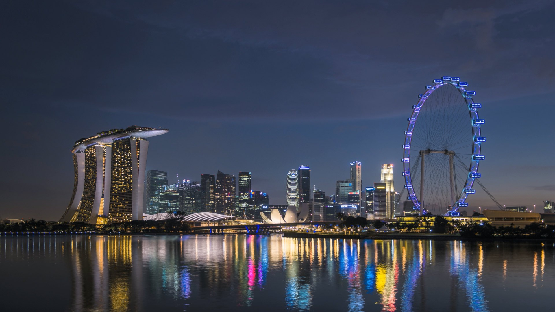 General 1920x1080 Marina Bay skyline ferris wheel Singapore reflection cityscape Asia