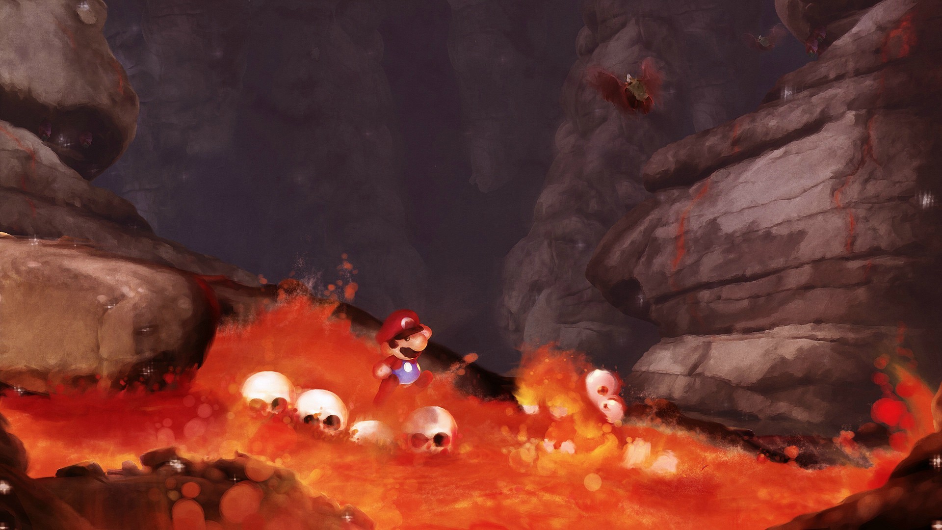 General 1920x1080 digital art video games Mario Bros. red video game art lava Super Mario skull