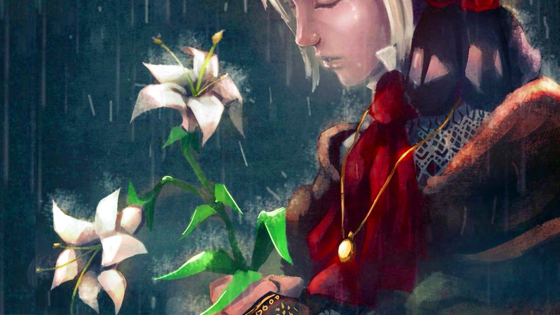 General 1920x1080 doll flowers women rain crying plants DeviantArt digital art closeup