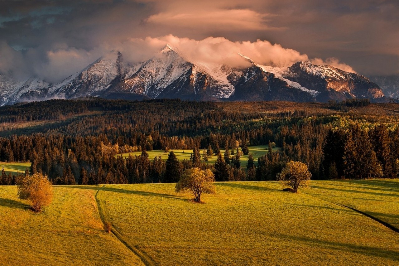 General 1280x853 nature landscape mountains spring Slovakia forest clouds trees snowy peak sunset grass