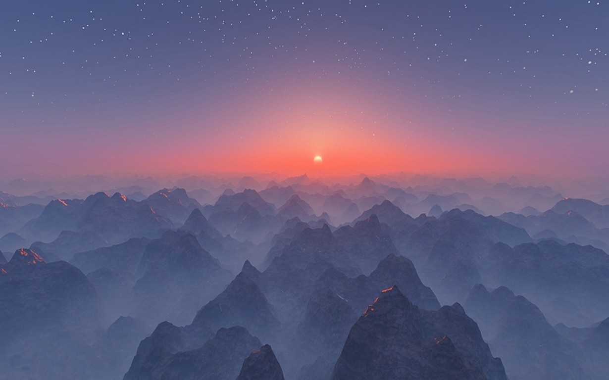 General 1230x768 mist landscape nature sunset mountains stars horizon calm CGI digital art sky