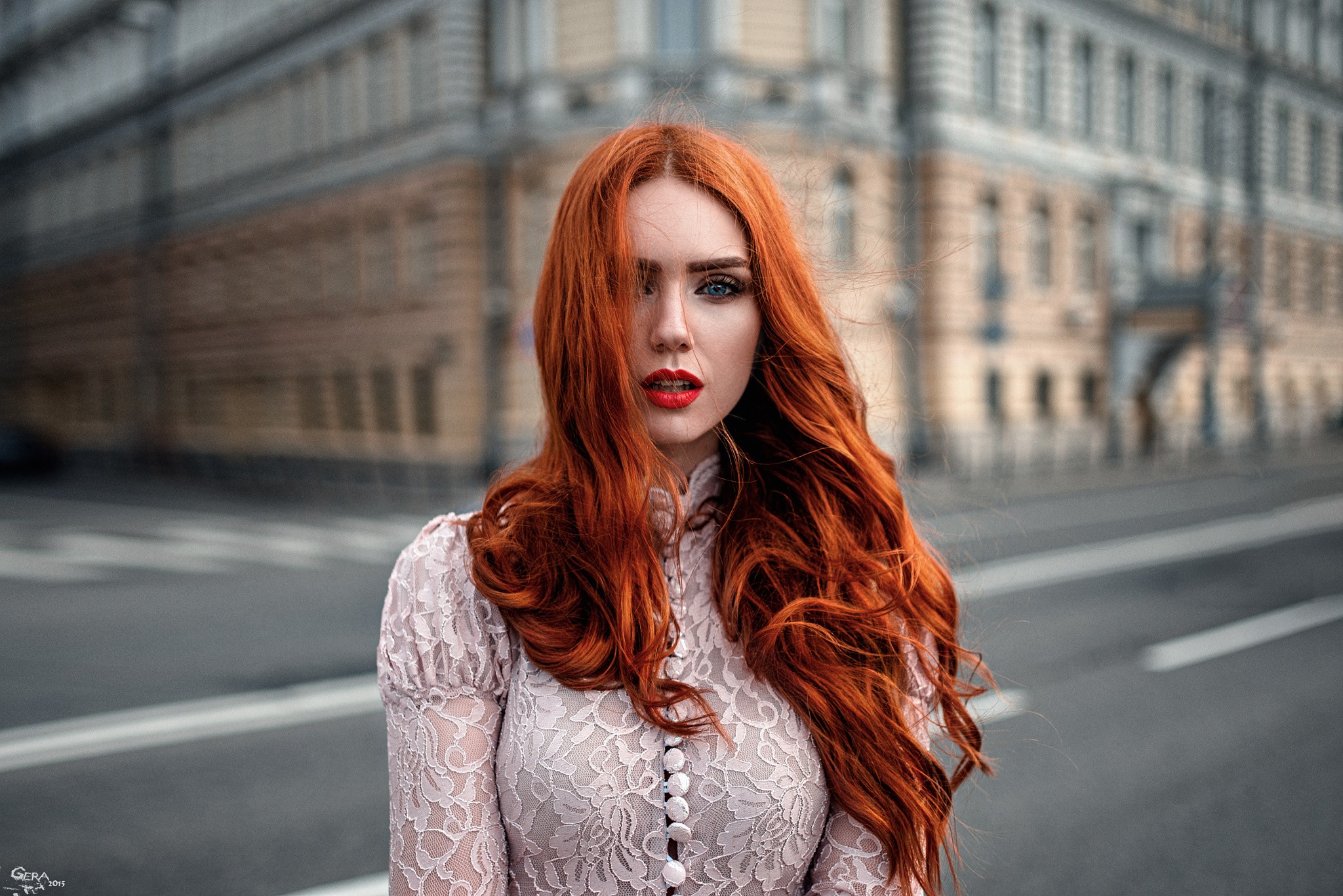 People 2048x1367 women redhead face portrait city model blue eyes long hair wavy hair Georgy Chernyadyev women outdoors urban 2015 (Year) makeup red lipstick lipstick looking at viewer