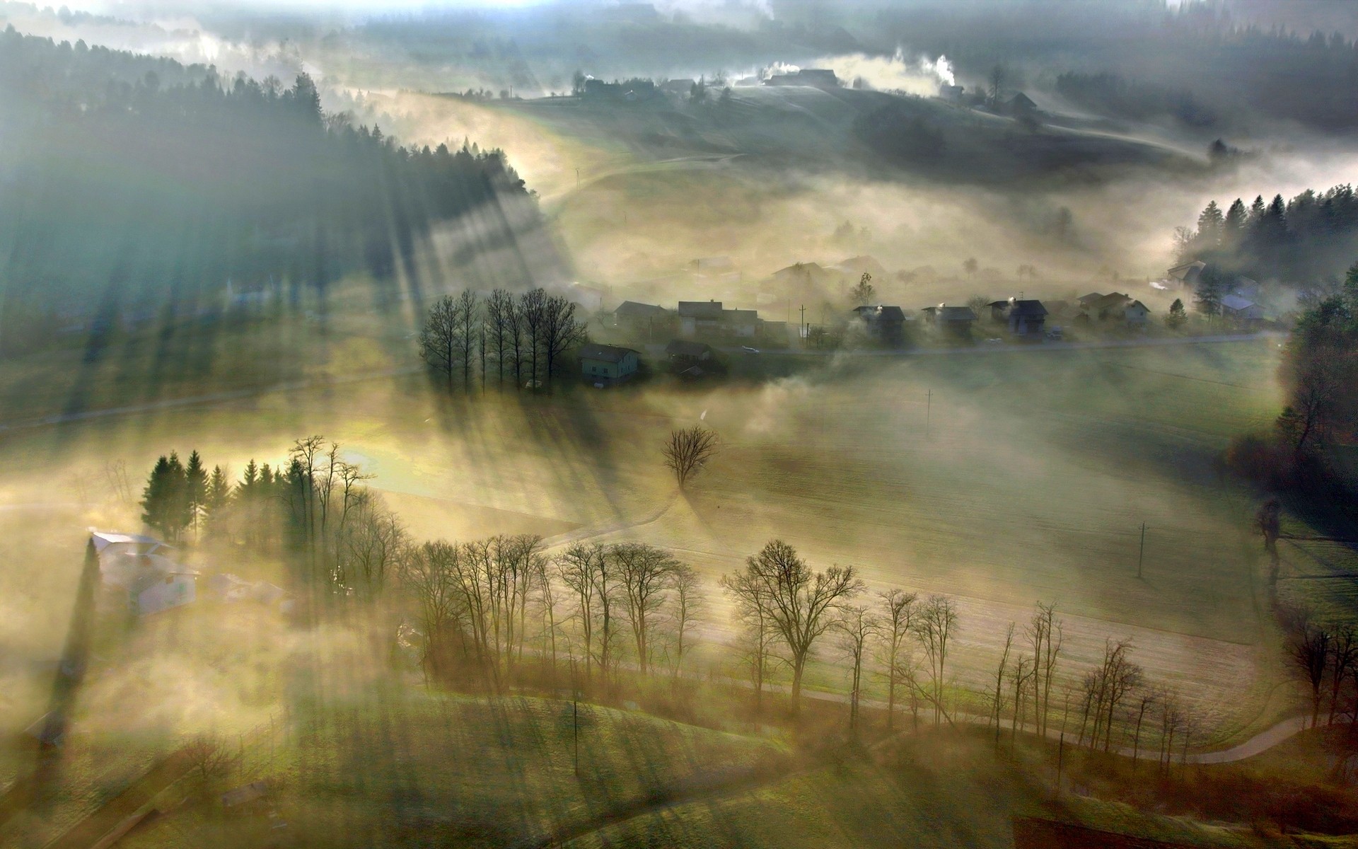 General 1920x1200 nature mist landscape sun rays village forest road field