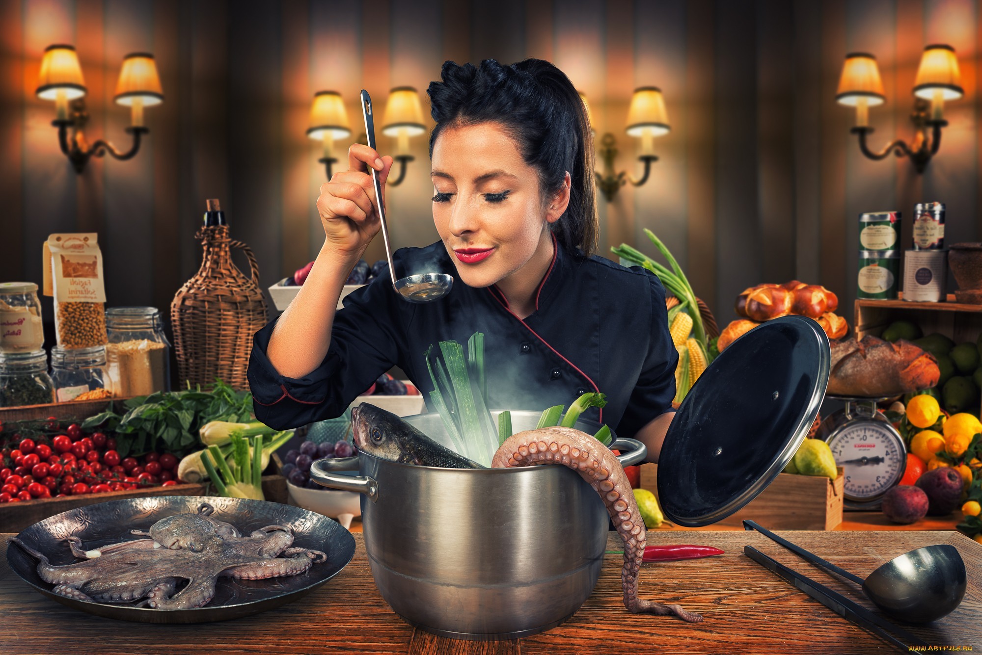 People 2000x1335 women kitchen cooking octopus women indoors food black hair red lipstick seafood tomatoes vegetables