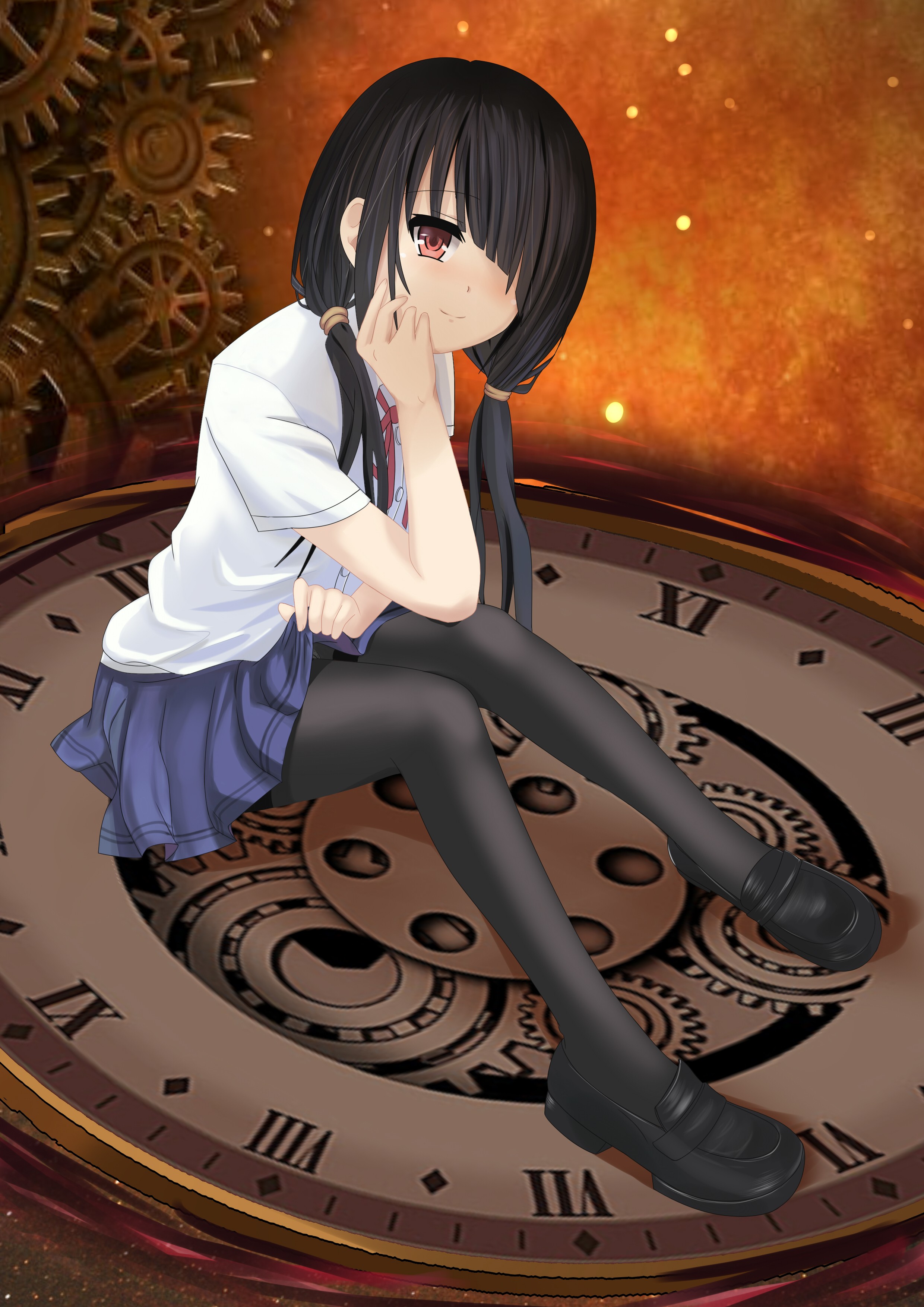 Anime 2480x3507 Date A Live Tokisaki Kurumi anime girls anime dark hair hair over one eye sitting Gear Wheels clocks