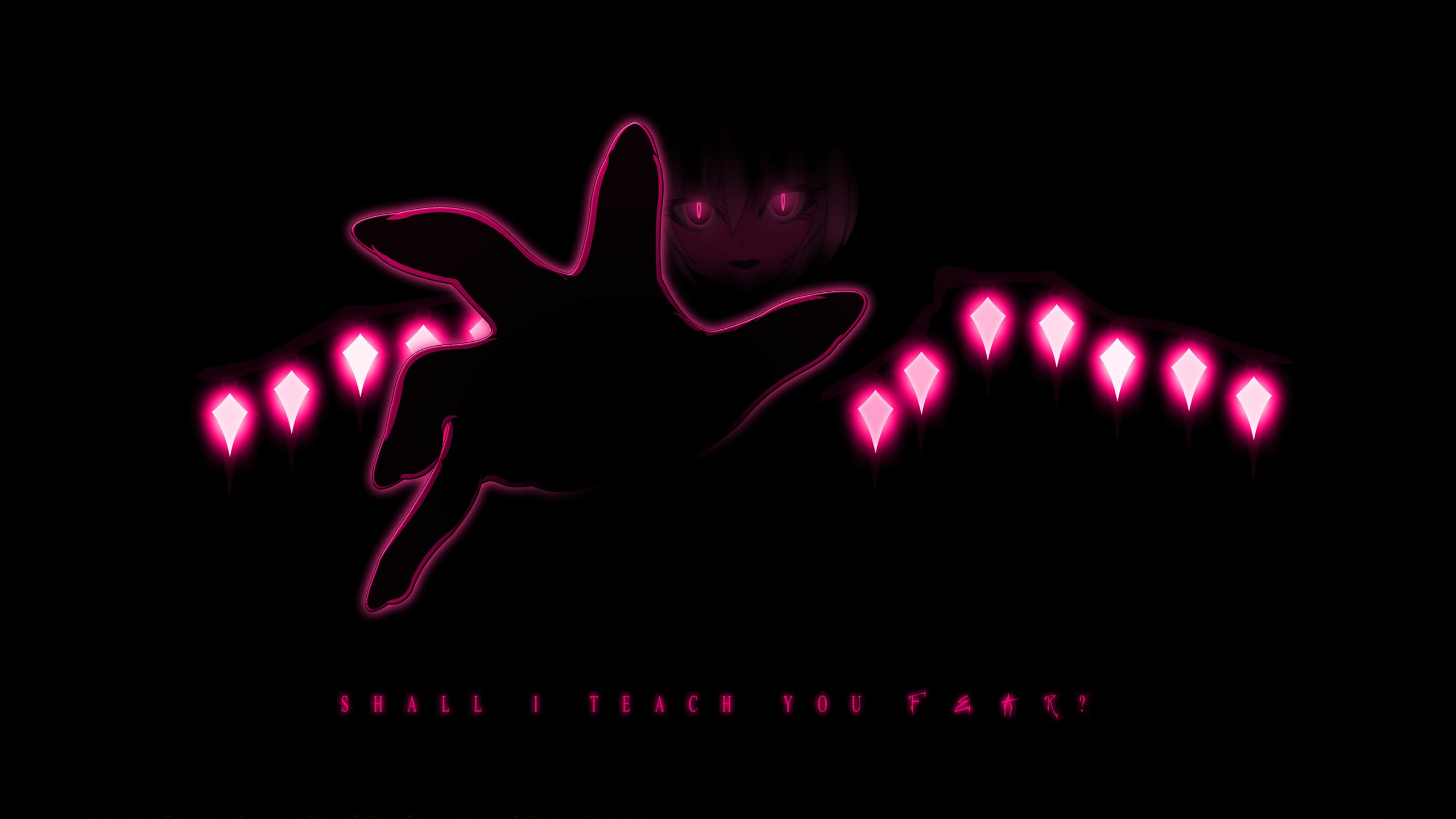Anime 2560x1440 anime Touhou Flandre Scarlet hands glowing eyes minimalism simple background black background pink eyes looking at viewer typography