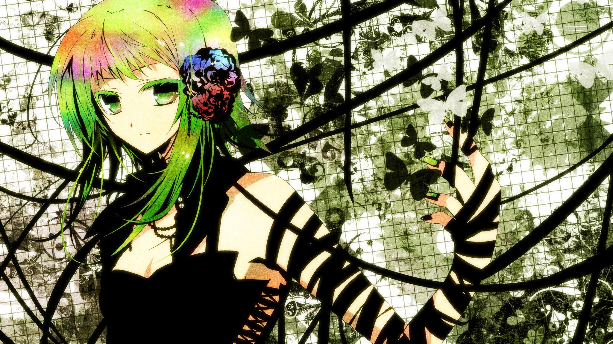 Anime 2048x1152 anime Vocaloid Megpoid Gumi green eyes flower in hair looking at viewer green nails painted nails butterfly animals insect multi-colored hair