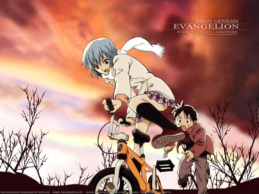 Anime 1024x768 anime girls bicycle anime boys anime Neon Genesis Evangelion Ayanami Rei vehicle cyan hair women with bicycles