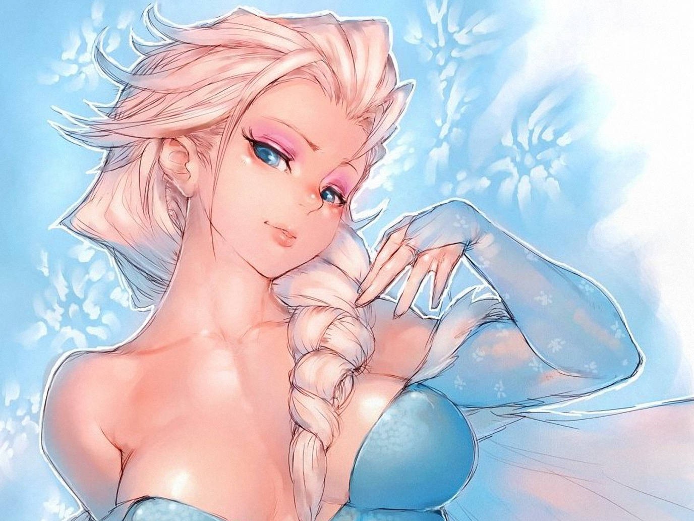 Anime 1376x1033 digital art Frozen (movie) blonde braids blue eyes blue background Elsa Disney princesses boobs looking at viewer women fantasy art fantasy girl