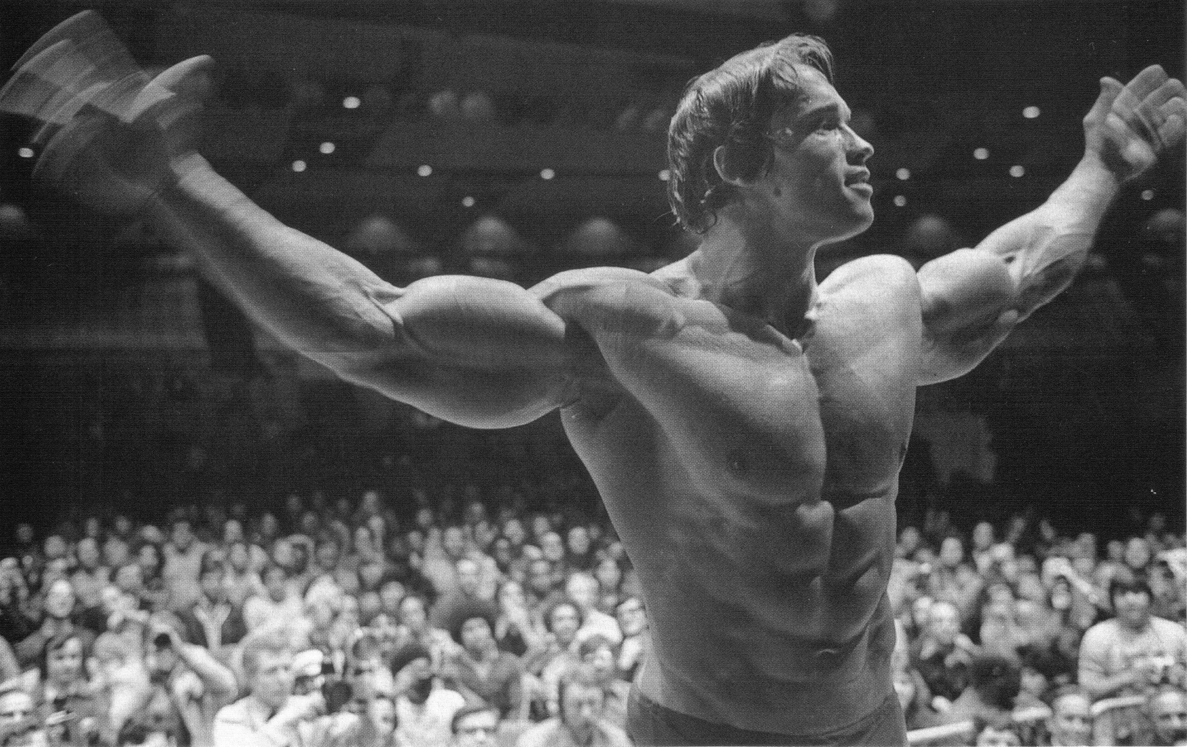 People 2394x1507 Arnold Schwarzenegger bodybuilder bodybuilding muscles audience muscular arms up monochrome men