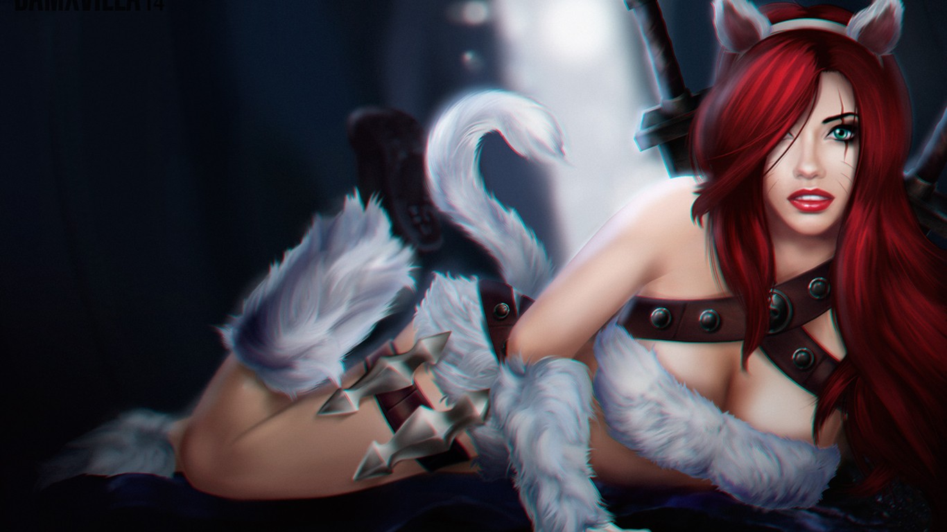 Anime 1366x768 League of Legends video games Katarina (League of Legends) PC gaming cleavage animal ears redhead aqua eyes scars hair over one eye lying down video game art video game girls women fantasy art fantasy girl tail looking at viewer
