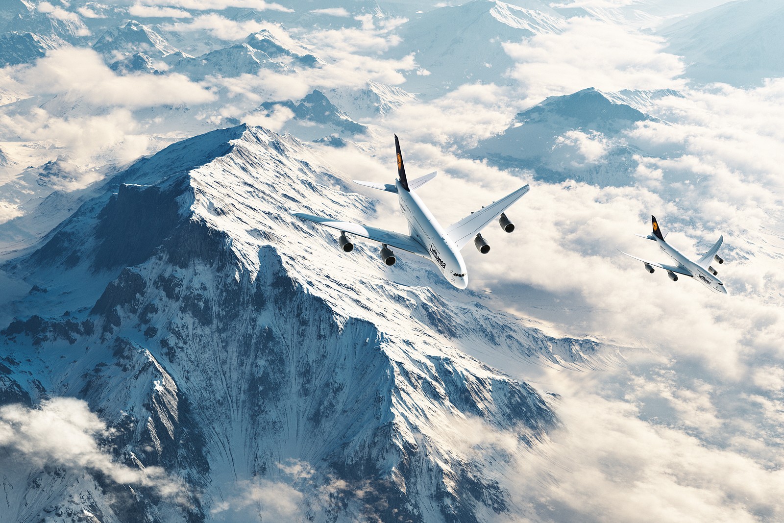 General 1600x1067 Airbus A380 airplane mountains vehicle passenger aircraft snowy peak landscape Lufthansa