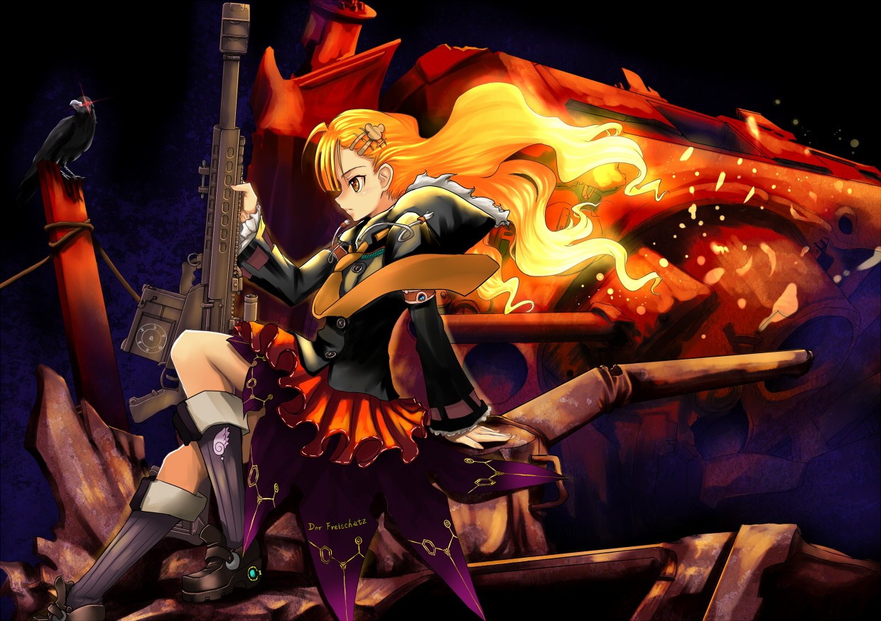 General 1240x874 manga anime girls anime long hair fantasy art fantasy girl sitting girls with guns weapon blonde
