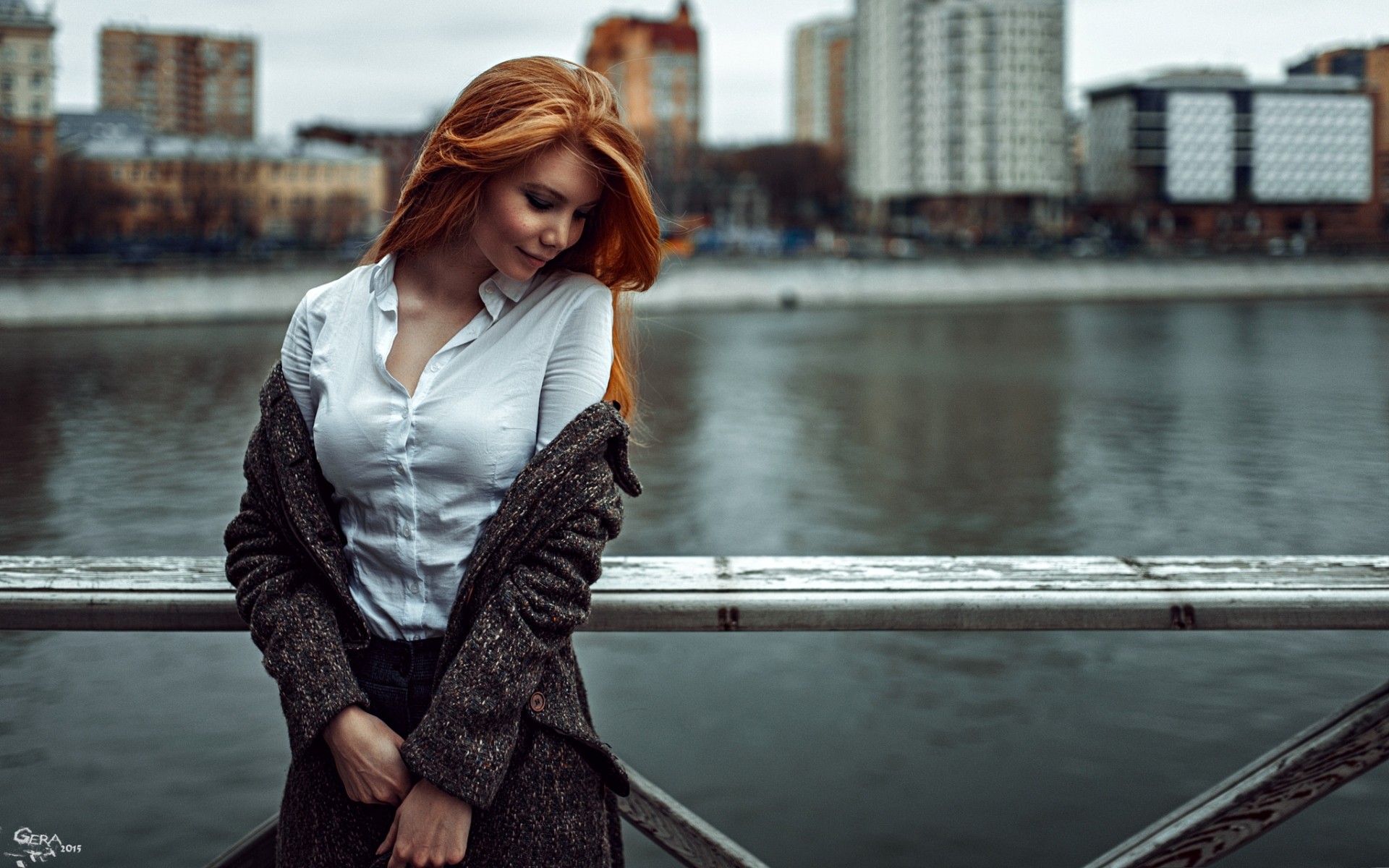 People 1920x1200 Antonina Bragina Georgy Chernyadyev women women outdoors urban depth of field redhead long hair looking away smiling white shirt coats 2015 (Year)
