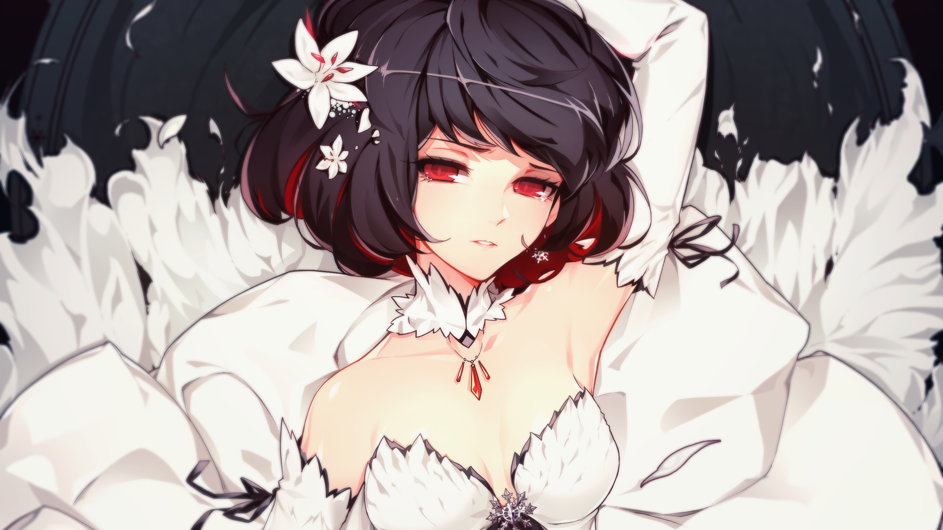 Anime 1920x1080 anime girls red eyes Snow White anime black hair flower in hair arms up necklace looking at viewer fantasy art fantasy girl