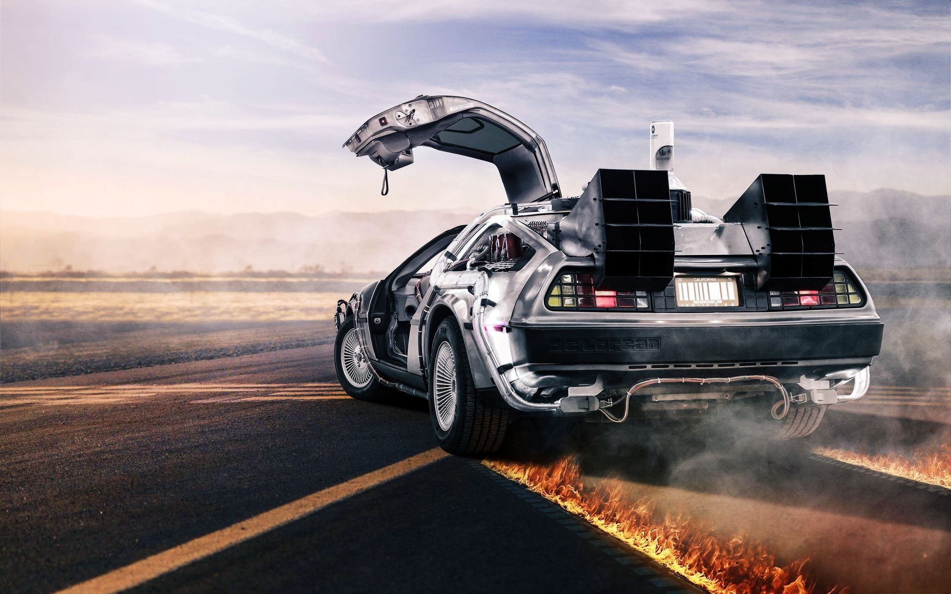 General 1920x1200 DeLorean Time Machine road Back to the Future silver cars fire movies vehicle